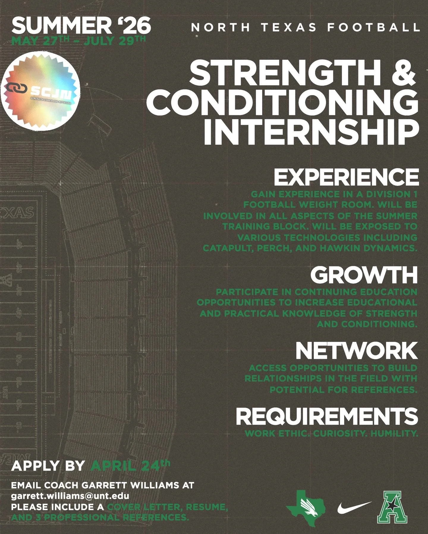 🚨 SUMMER &lsquo;26 INTERNSHIP OPPORTUNITY 🚨

📍 North Texas &mdash; Football Strength &amp; Conditioning
🏫 Division I

Position: Strength &amp; Conditioning Intern
📅 May 27 &ndash; July 29, 2026

Overview:
&bull; Gain experience in a Division I f