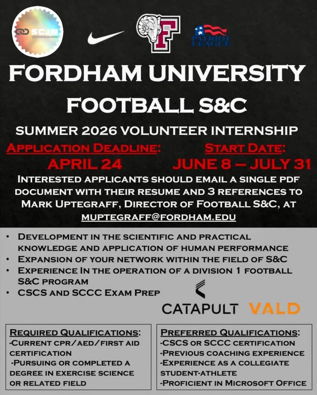 🚨 VOLUNTEER INTERNSHIP OPPORTUNITY 🚨

📍 Fordham University Football
📅 Summer 2026

Fordham Football Strength &amp; Conditioning is seeking motivated individuals for a Summer 2026 Volunteer Internship opportunity.

🔥 Highlights:
&bull; Division I
