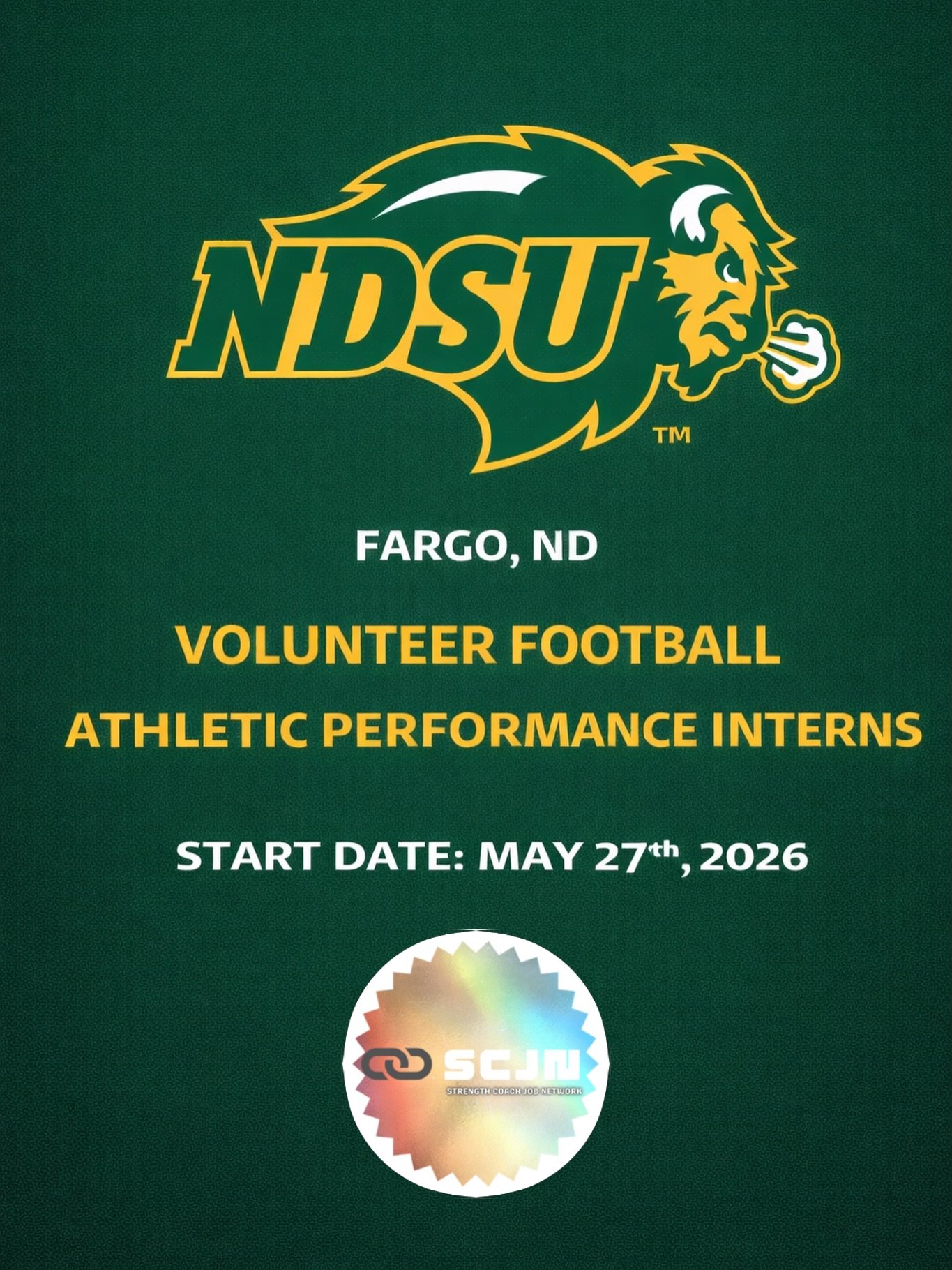 North Dakota State University is seeking Volunteer Football Athletic Performance Interns for Summer 2026.

This Division I opportunity provides hands-on experience within a high-level football performance setting while developing coaching and sport s