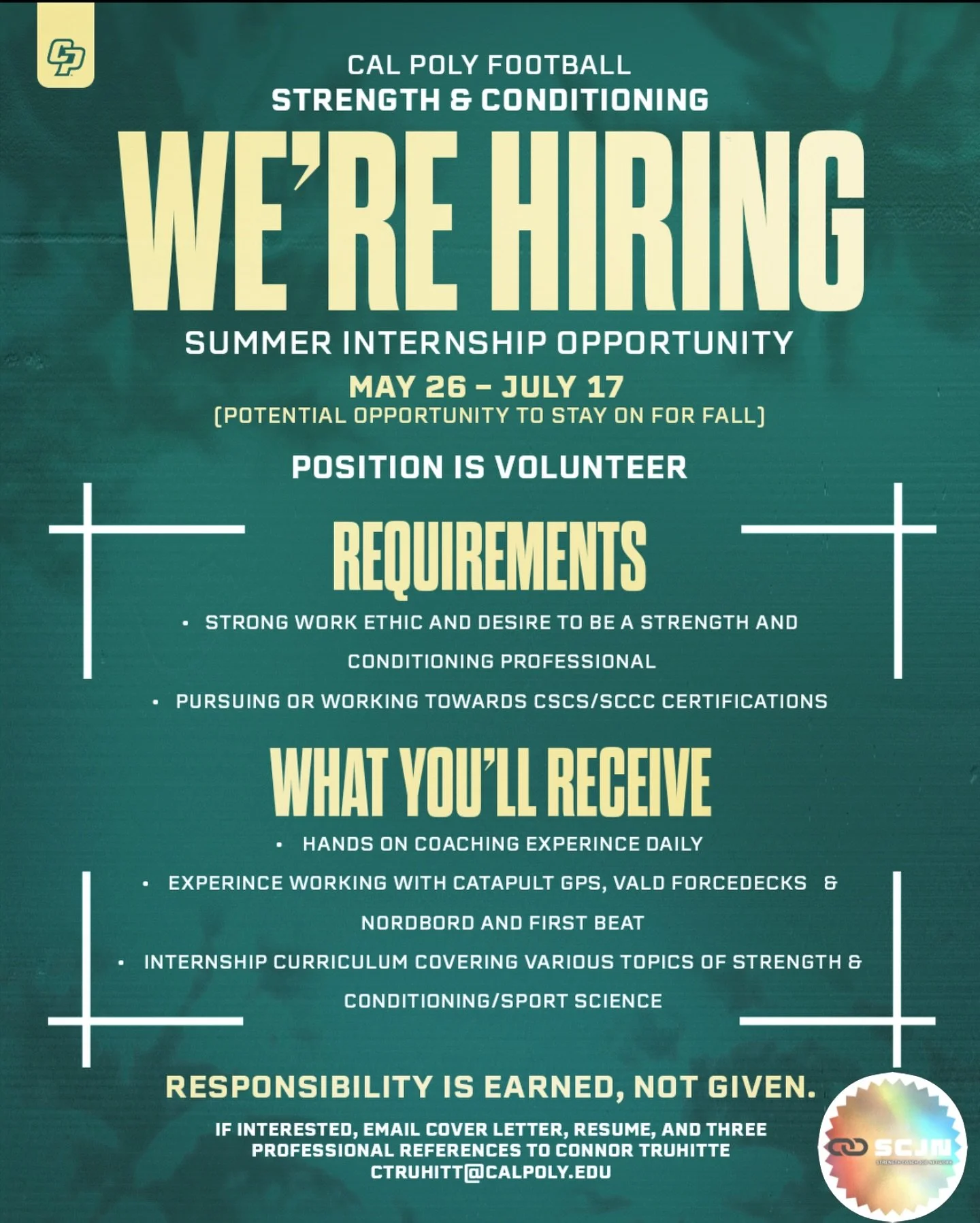 Cal Poly State University is seeking Volunteer Strength &amp; Conditioning Interns.

This Division I opportunity offers hands-on coaching experience in a collegiate performance environment while building your professional skill set.

Location: San Lu