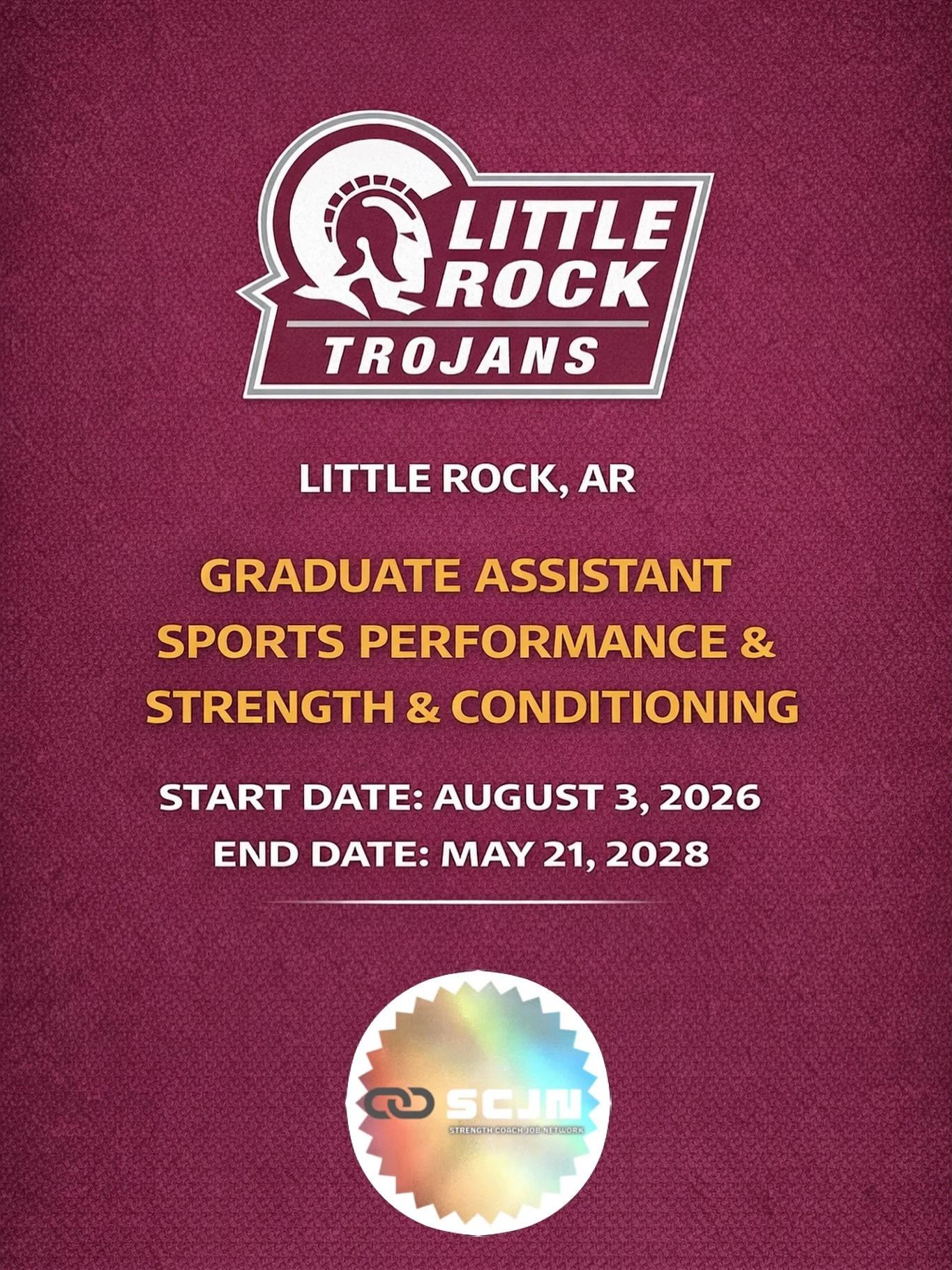 University of Arkansas Little Rock is seeking a Graduate Assistant in Sports Performance / Strength &amp; Conditioning.

This Division I opportunity offers hands-on coaching experience, professional development, and exposure to multiple performance t