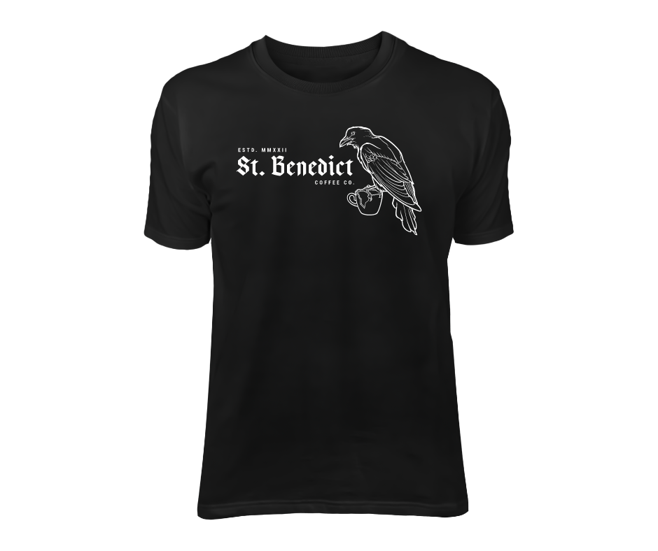 Black St. Benedict unisex tee tshirt with company logo in white