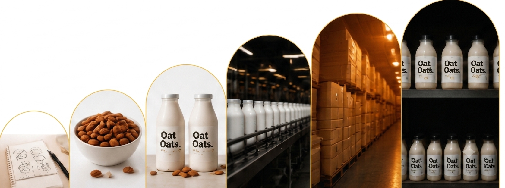 Sequence of images showing the process of oat milk production, from almonds, almonds in a bowl, bottles of oat milk, factory shelves with boxes, and shelves with oat milk bottles labeled 'Oat Oats.'