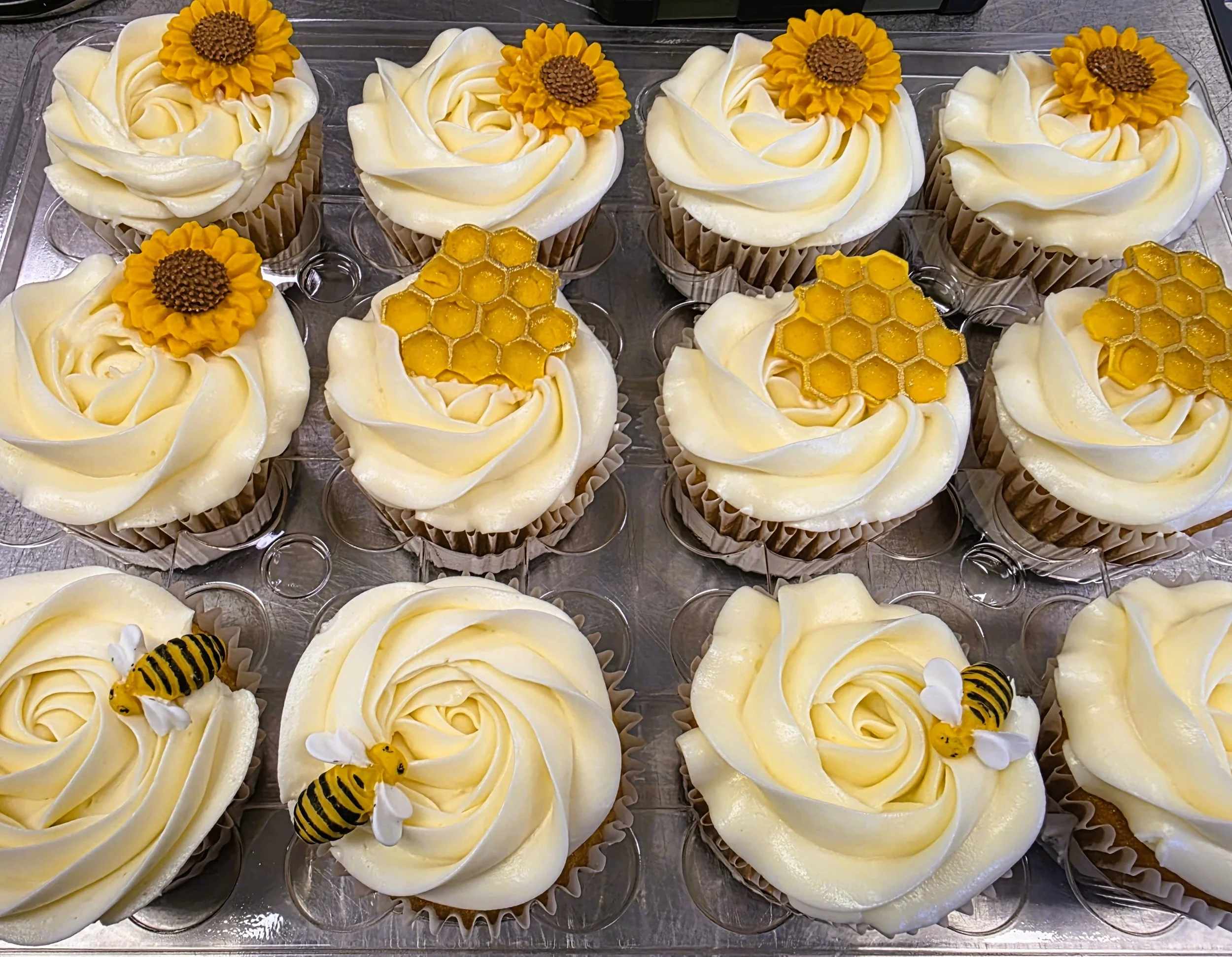 Bridal Shower cupcakes flower honeycomb and bee in yellow.jpg