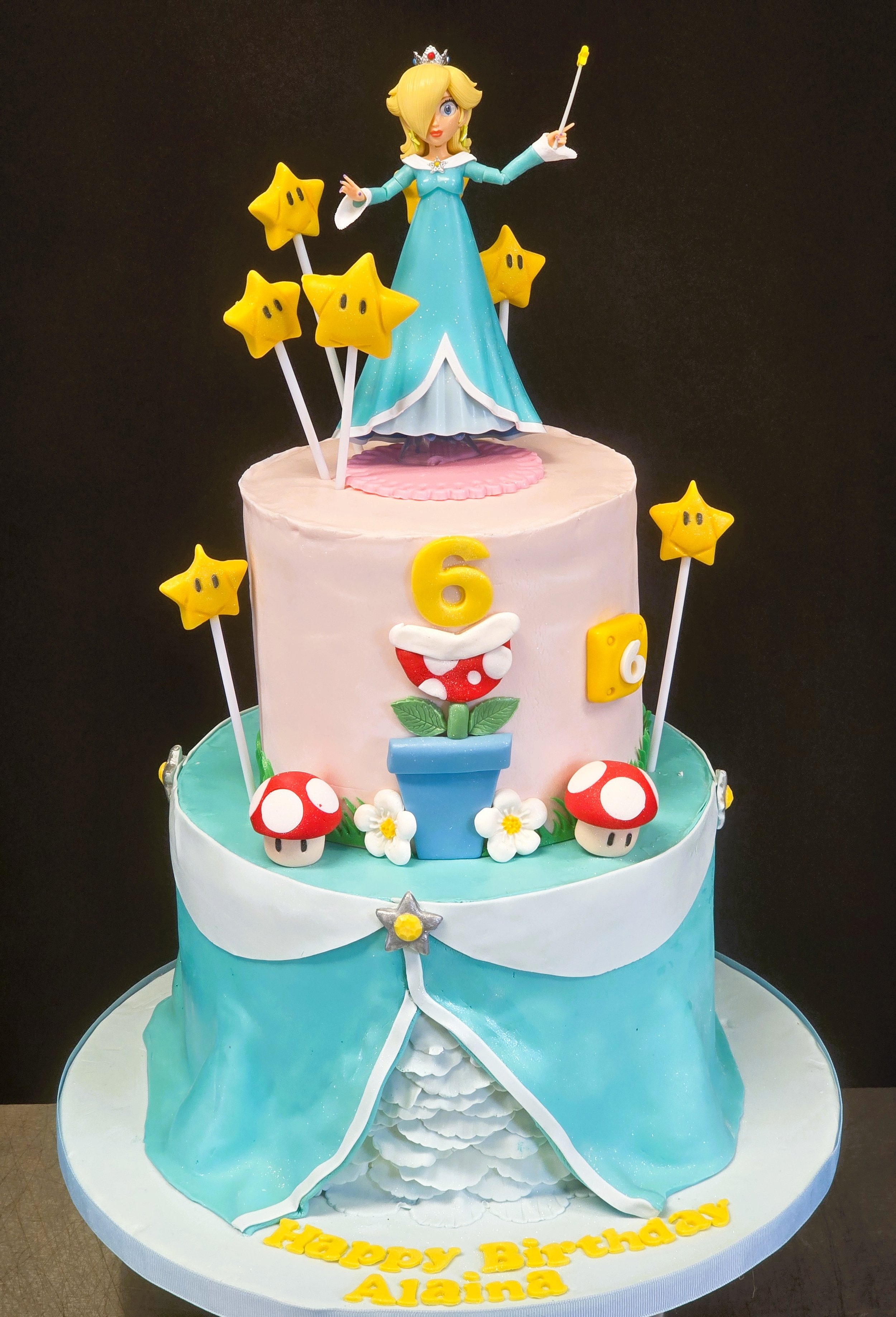 Birthday cake fondant Mario Brother Princess Rosalina with figurine topper.jpg