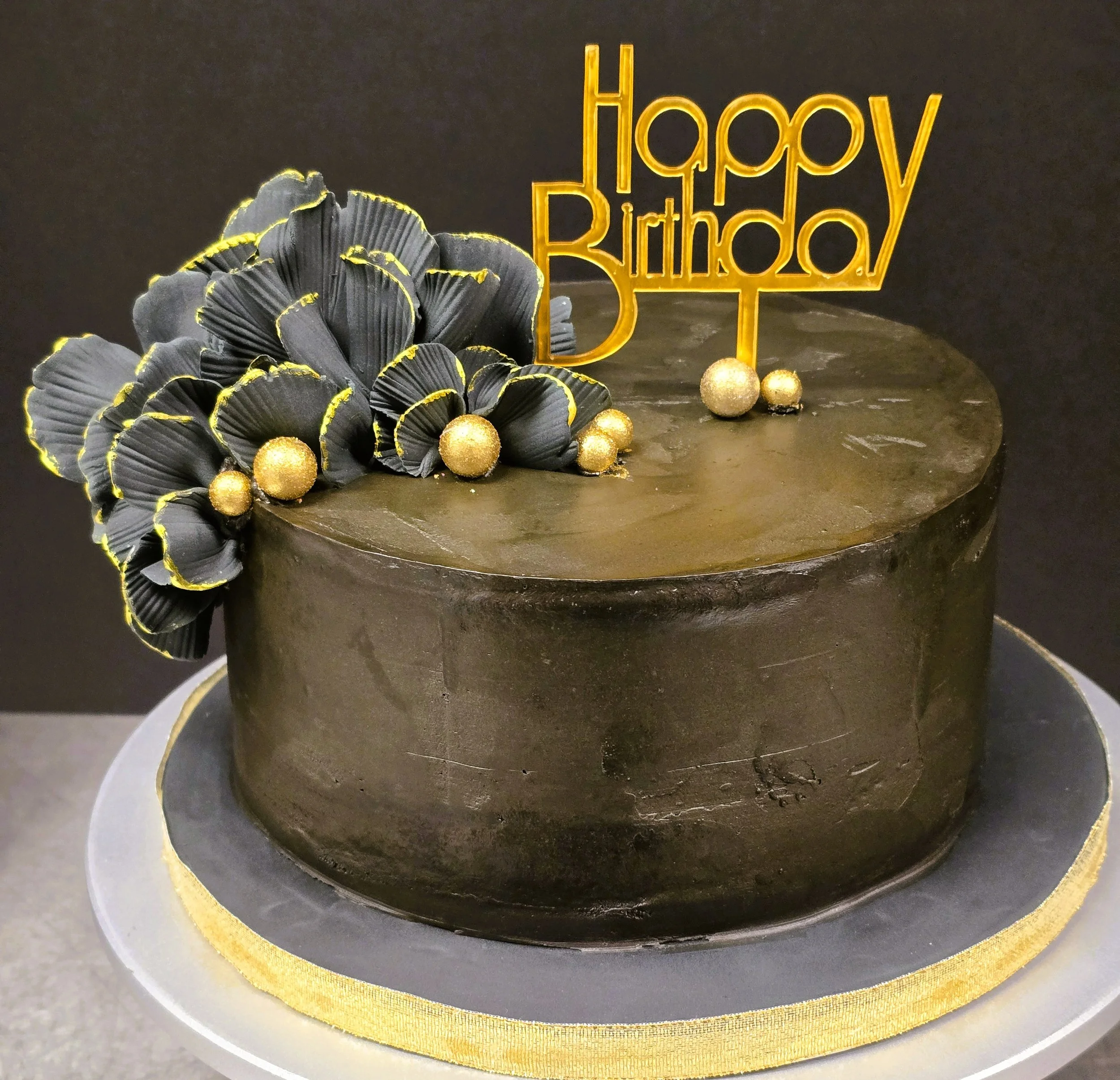 Birthday cake buttercream dark brown with scalloped topper.jpg