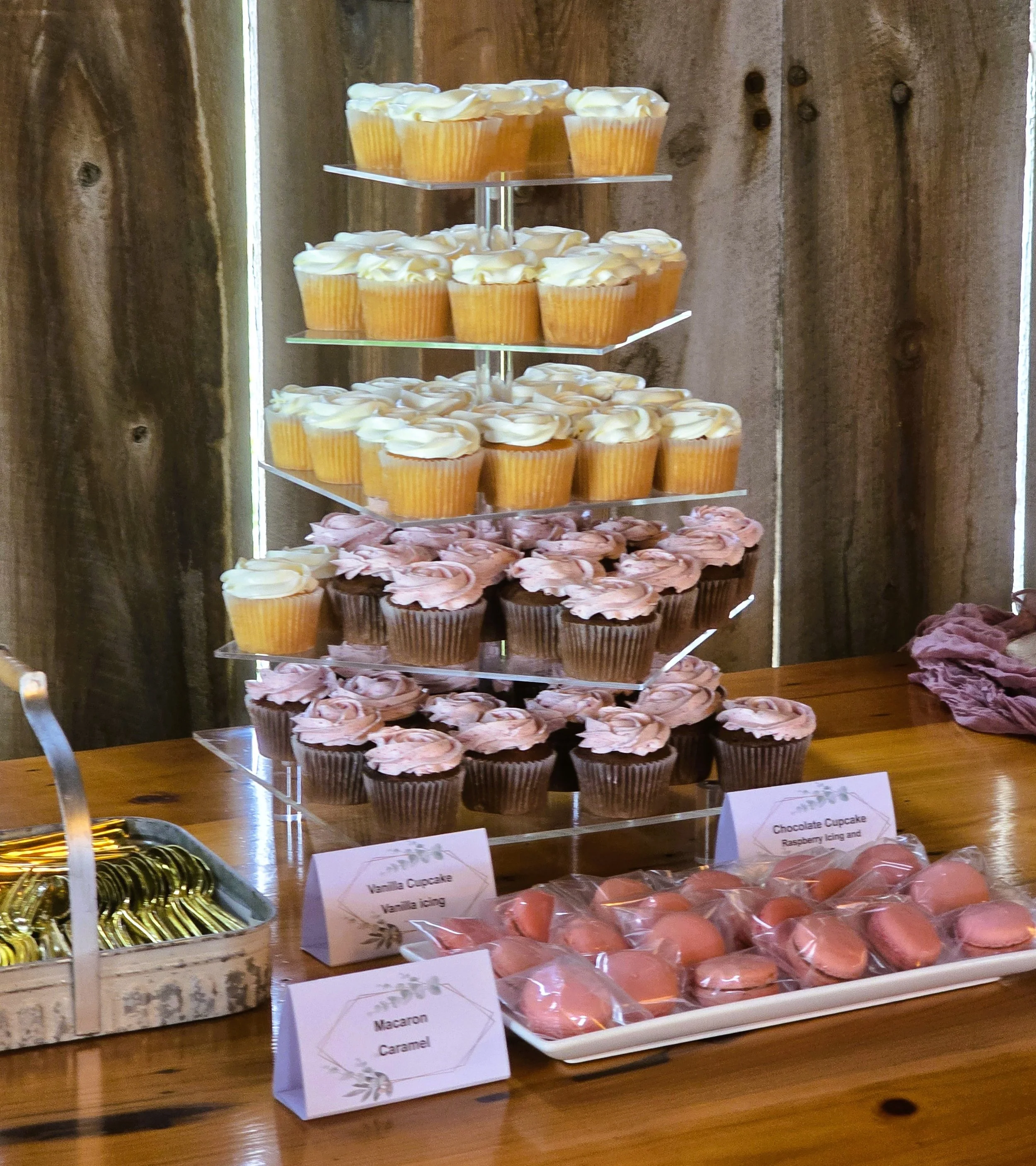 Wedding cupcake tower and macarons at Tiadaghton Venue left side.jpg