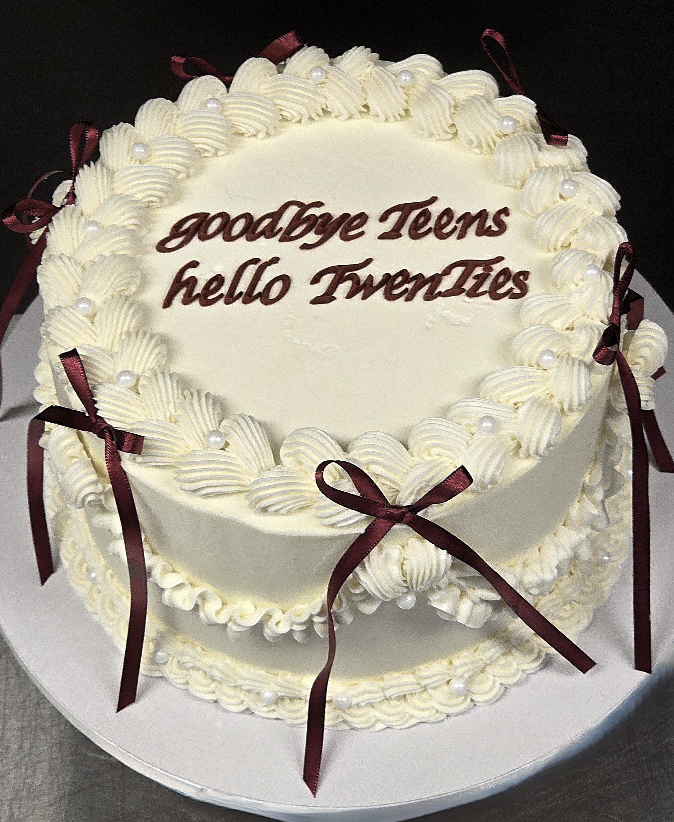 Birthday cake white buttercream round with lace and vintage piping.jpg