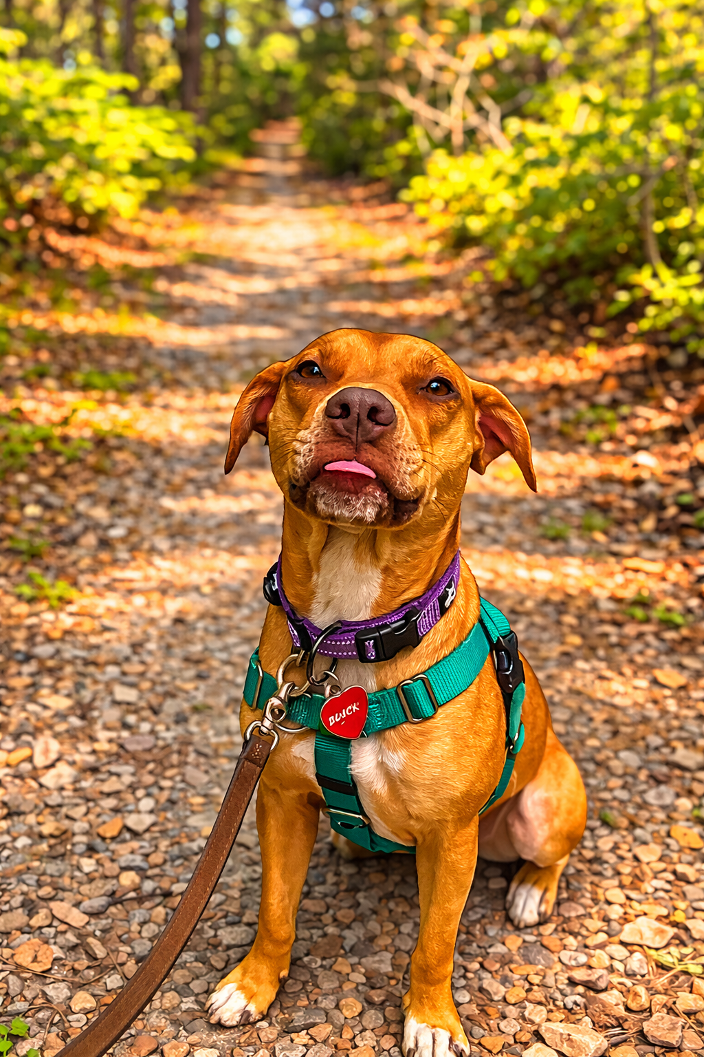 A brown dog with a purple collar and a turquoise harness sitting on a gravel path in a forest, sticking out its tongue slightly.
