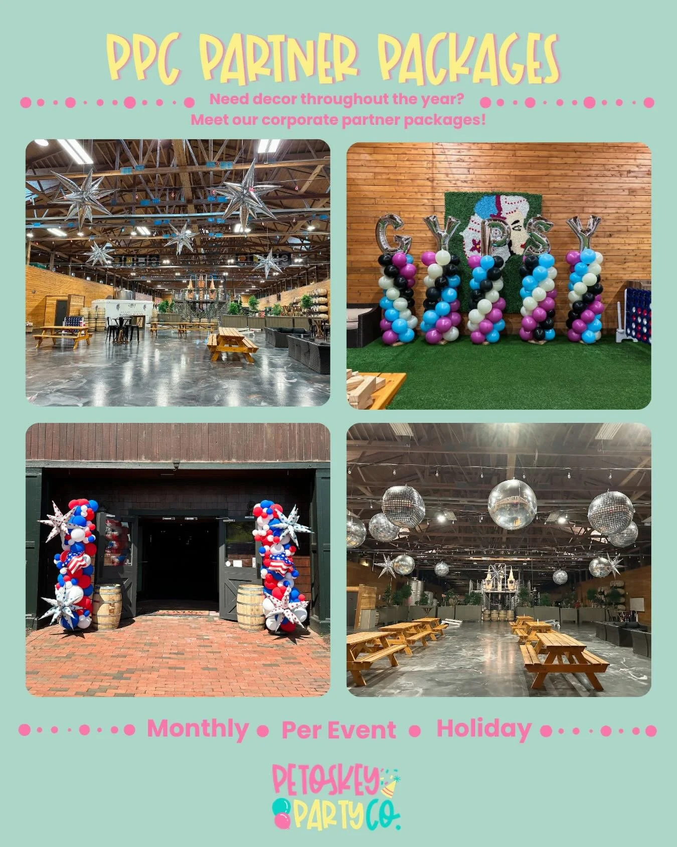 Local businesses, this one is for you! 🎉

Our new PPC Partner Packages create a stress-free way to book your decor for multiple occasions all at once! Whether you want a new installation each month, something to spice up your space around each holid