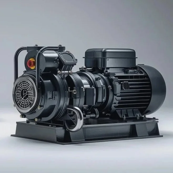Two black industrial pumps or motors placed on a plain light gray background.