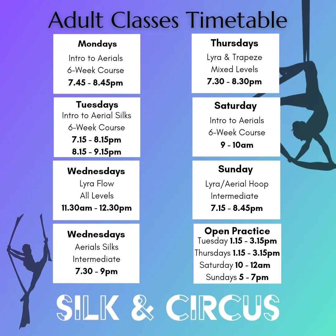 Lots happening here for our Adults student this winter! ❄️ 
Mondays 》Intro Class 7.45pm
Tuesdays 》Intro Class 7.15pm
Tuesdays 》Continuing 8.15pm
Wednesdays 》Lyra Flow 11.30am
Wednesdays 》Inter. Silks 7.30pm
Thursdays 》Lyra/Trapeze 7.30pm
Saturday 》In