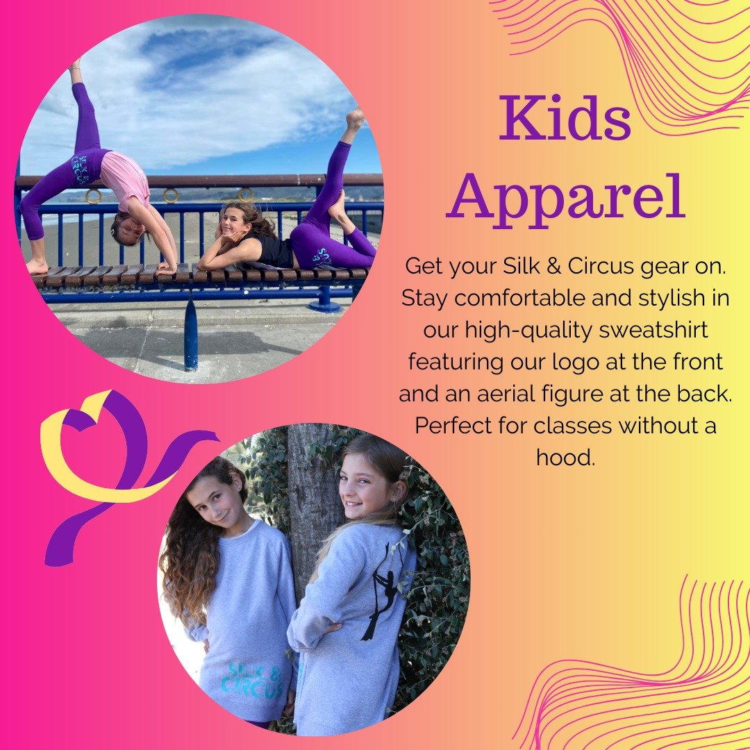 Kids apparel on our website! Get your Silk &amp; Circus leggings, sweatshirt and leotard for term 2 ⭐