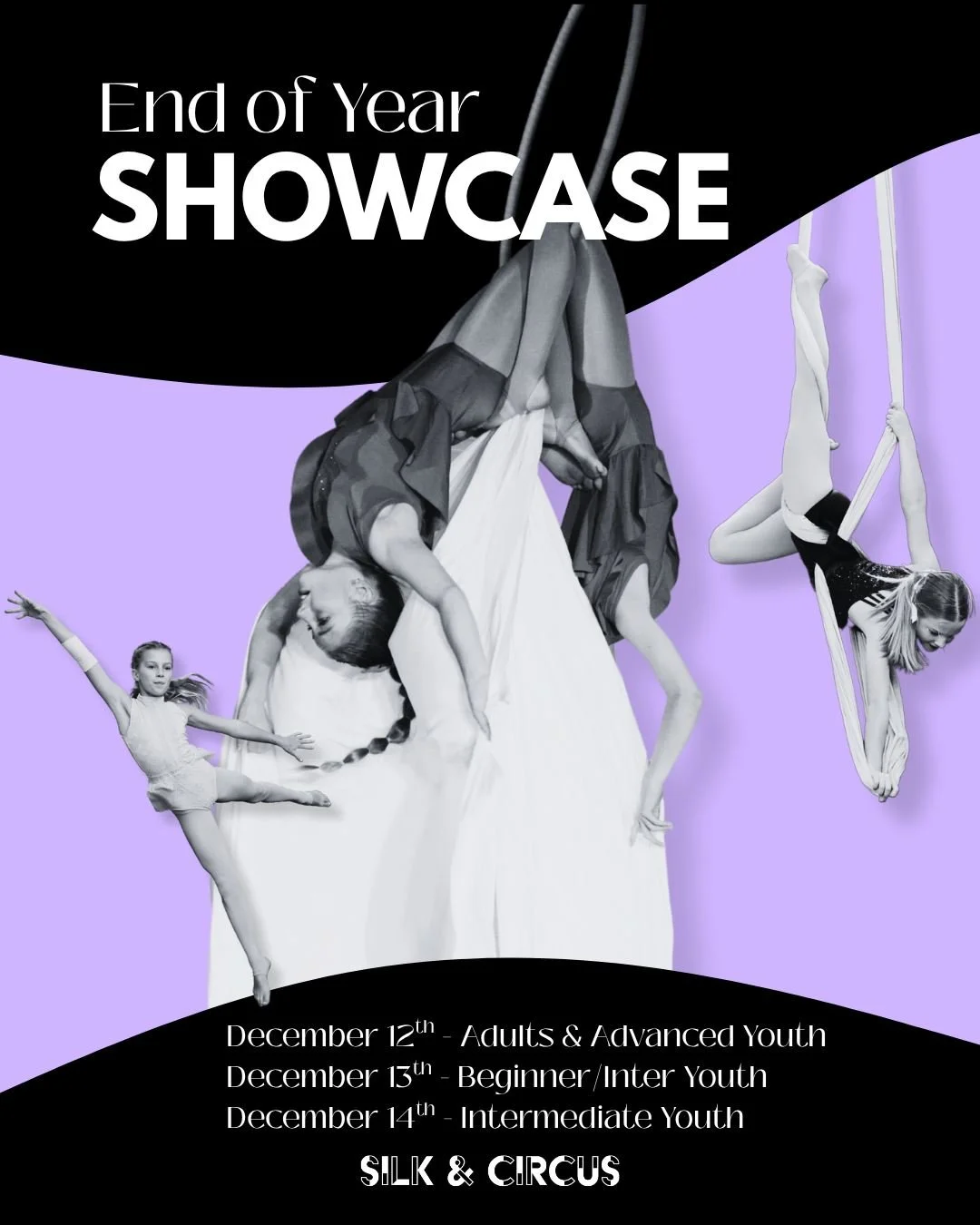 Come support our students as they perform in our end of year showcase! Only 2 weeks to go 💥
So many exciting acts, ages 6 to 43!! 
When: December 12th, 13th, 14th
Where: Silk &amp; Circus, Red Oaks Drive
Cost: $10

💜