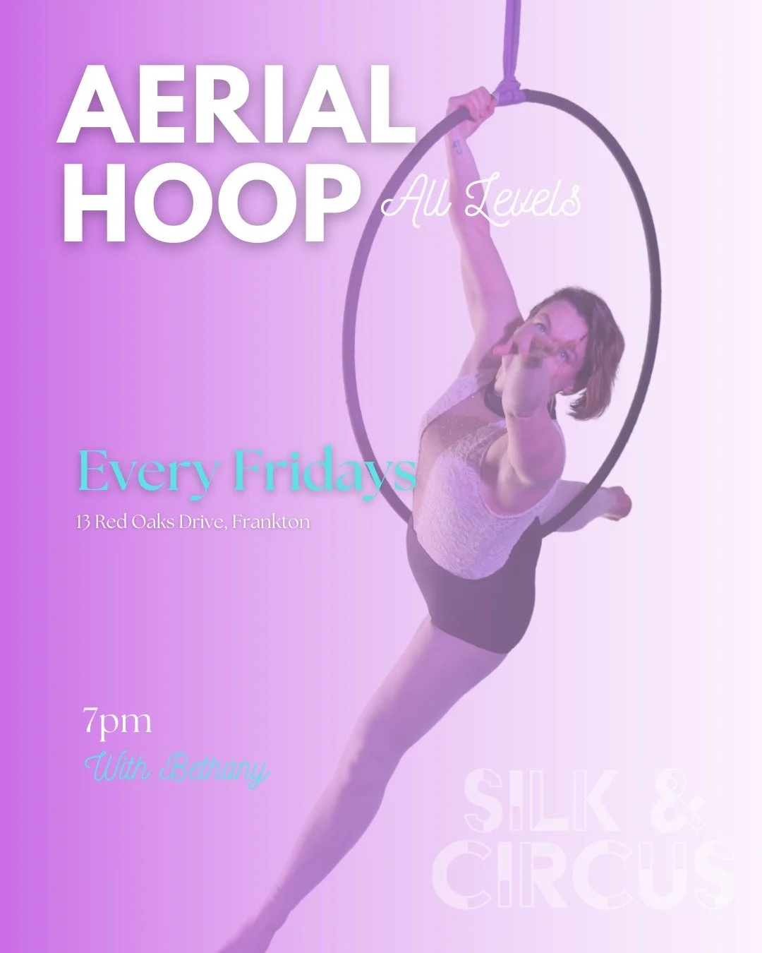 ⭐ Aerial HOOP | Class⭐
Gain strength, fitness and flexibility in this fun Lyra All Levels class with Bethany @ 7pm on Fridays! Beginners welcome! 
⬇️
💜 Starting February 27th
💜 Learn the fundamentals or Lyra in a supportive environment
💜 Build str