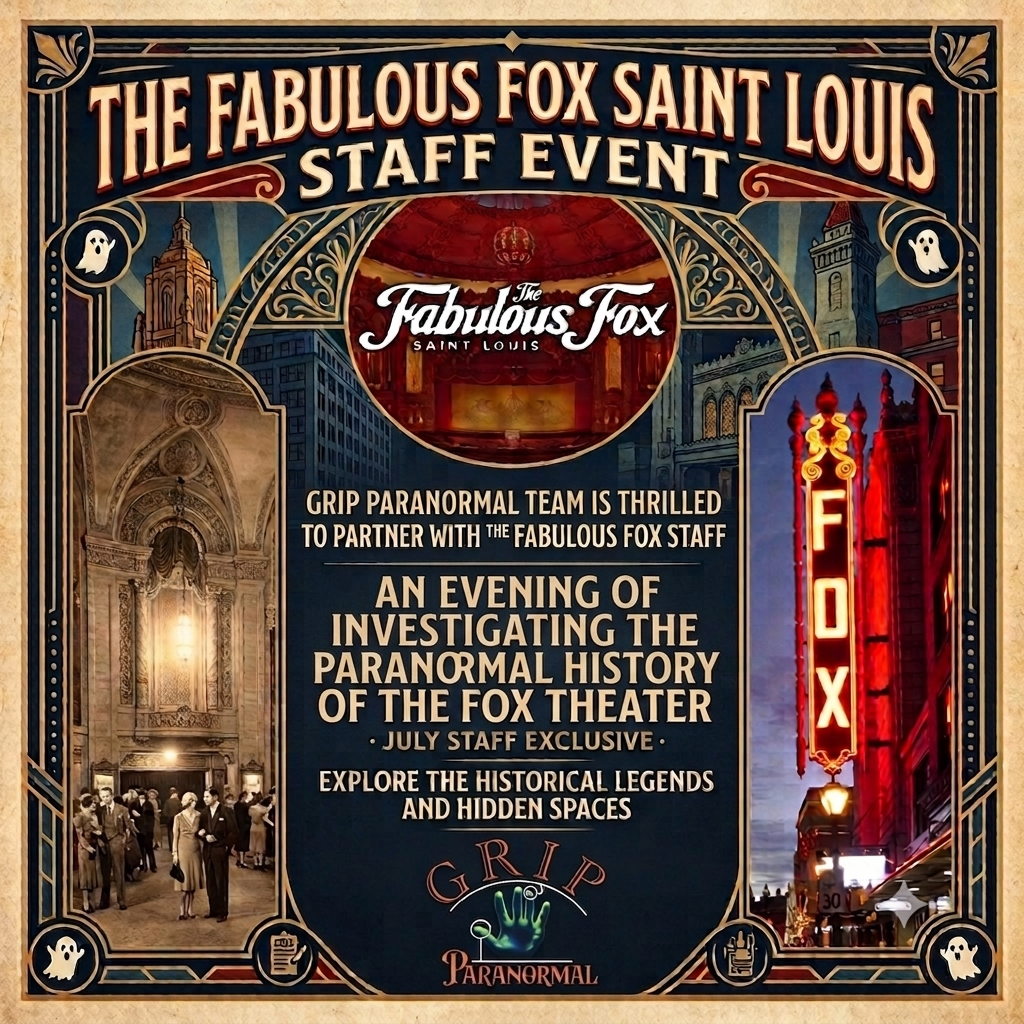 Event poster for The Fabulous Fox Saint Louis staff event, featuring an investigation of the theater's paranormal history, with images of the theatre's interior, the Fox sign, and a haunted house theme.