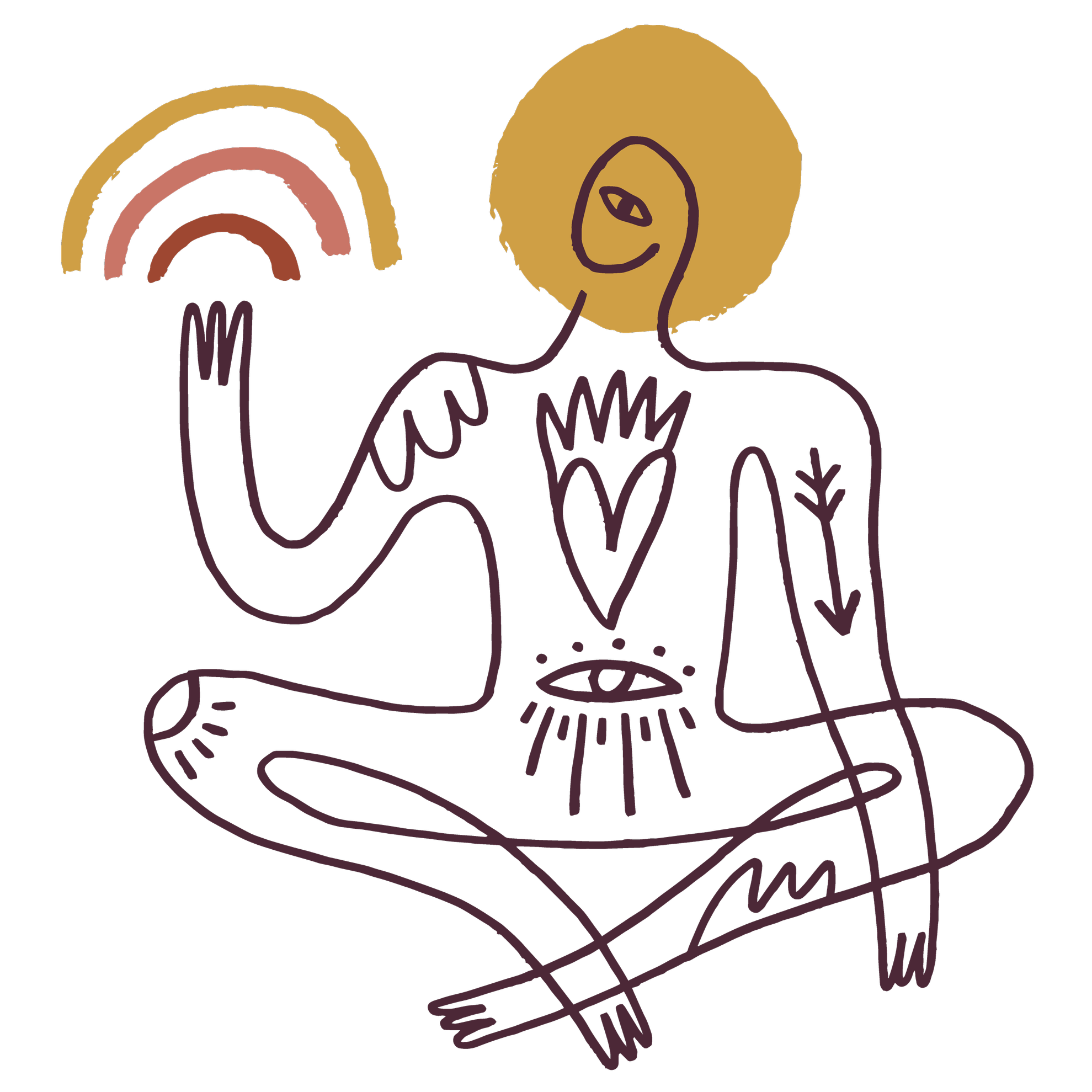 Rei Kōtuku graphic, person sitting cross legged pointing to a rainbow