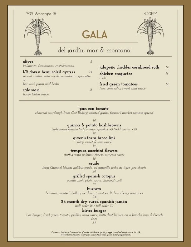 Menu titled 'GALA del jardín, mar & montaña' featuring dishes with seafood, vegetables, and meats, including oysters, calamari, jalapeño cheddar cornbread rolls, chicken croquetas, fried green tomatoes, various salads, grilled octopus, burrata, jamón, and a bistro burger, with prices and descriptions.