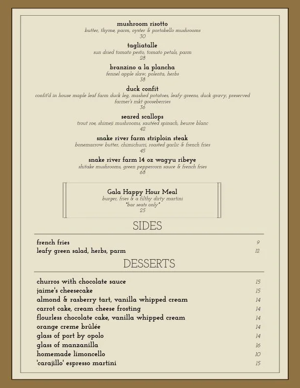 Menu featuring dishes like mushroom risotto, tagliatelle, branzino a la plancha, duck confit, seared scallops, snake river farm striploin steak, and Wagyu ribeye, along with sides including french fries and salade, and desserts such as tiramisu, cheesecake, and various cakes and ice creams.