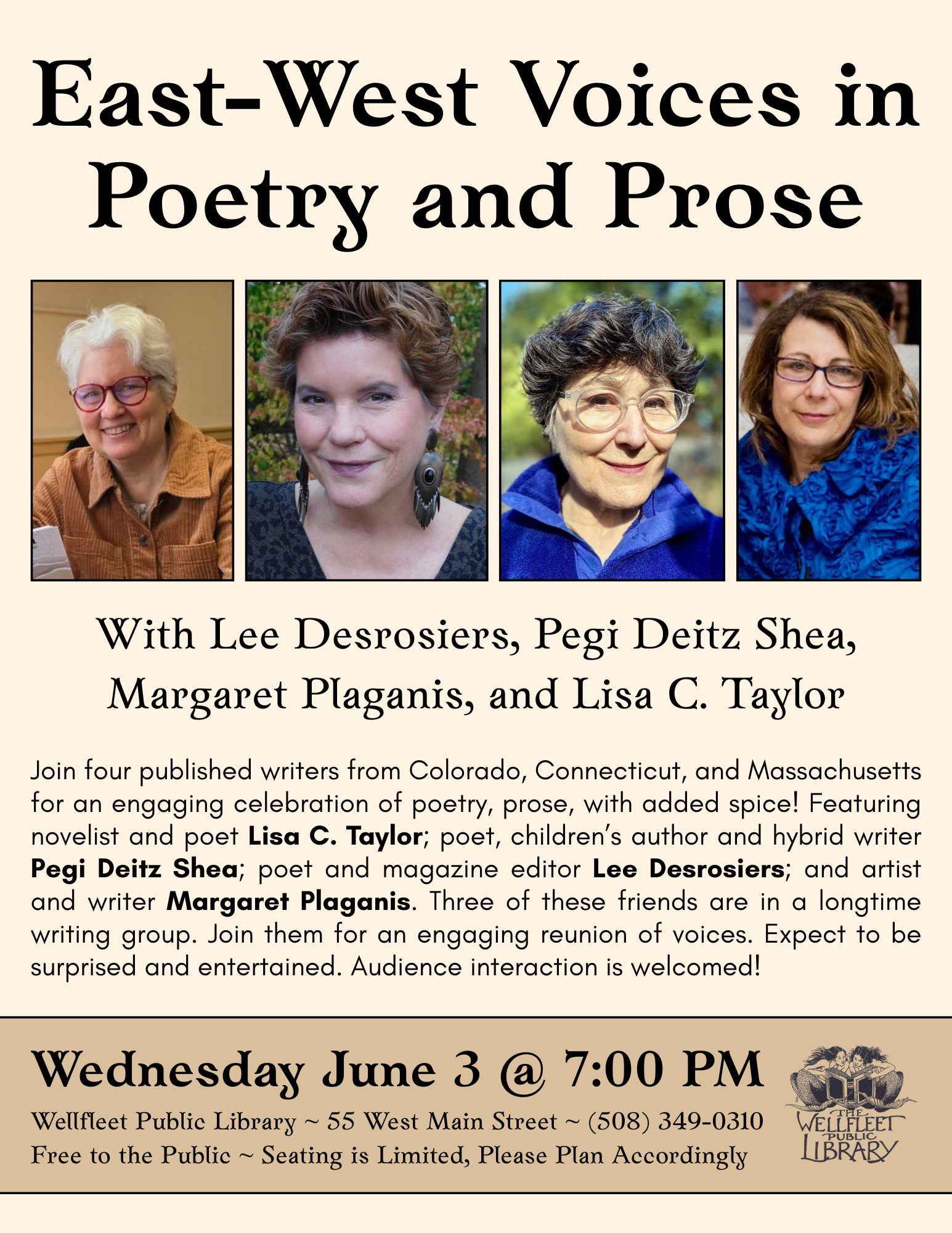 East-West Voices in Poetry and Prose with Lee Desrosiers, Pegi Deitz Shea, Margaret Plaganis, and Lisa C. Taylor