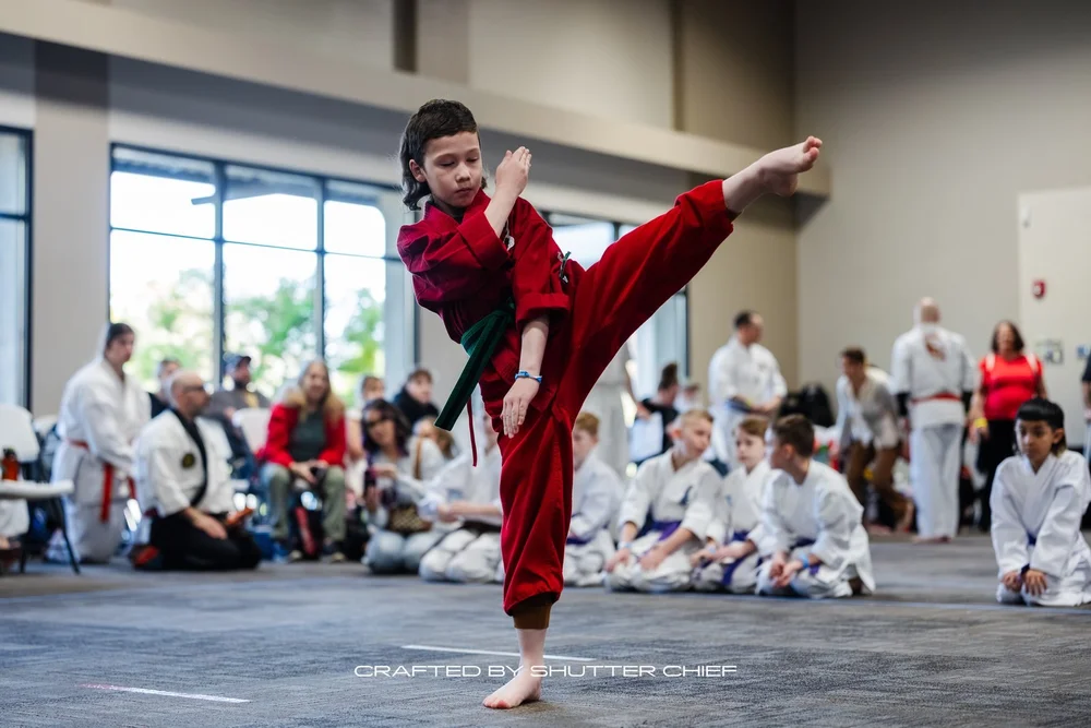 Martial artist performing a high kick at a competition