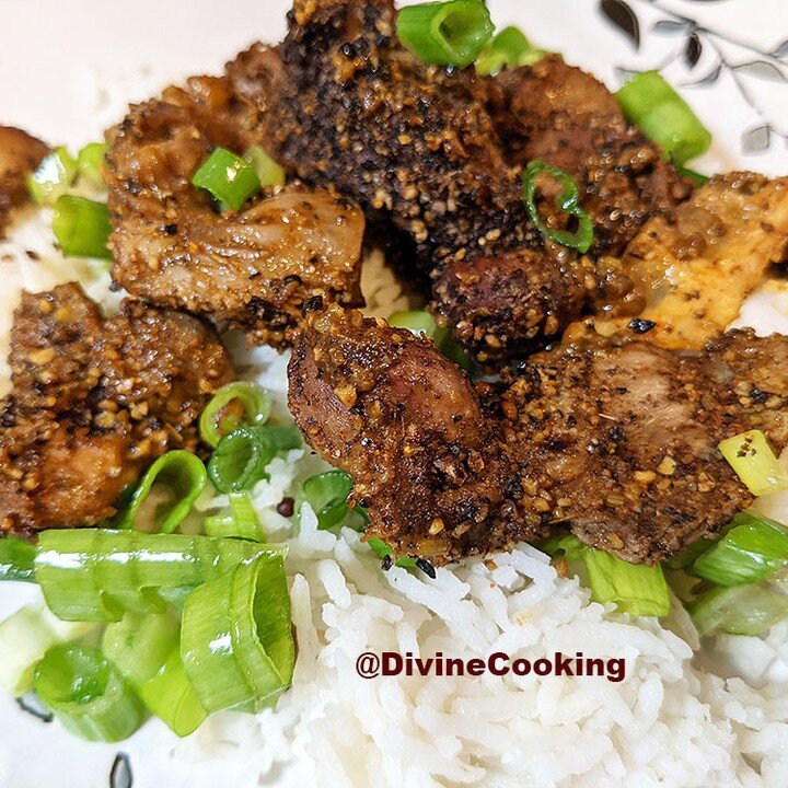The other brown meat makes a delectable plate with chicken gizzard and rice. Using a different part of the chicken, you can still get your protein and have a delicious meal. #divinecooking #chicken #gizzards #dinner #food #foodie #protein #scallion #