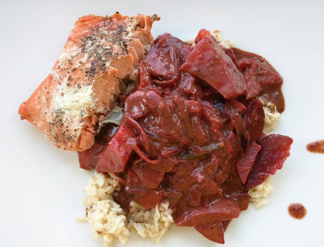 Sunday dish. Brown rice, salmon, and some wickedly delicious red sauce. Made with some organic veggies and lots of love. #food #sundaybest #meal #salmon #brownrice #ricedish #paleo #paleoish #glutenfree #lowcarb #foodie #divinecooking