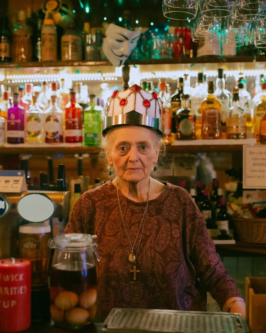 Brenda Collins—former landlady of the Freetrade pub—wearing a crown by Dave Purvis of Condotieri Glass
