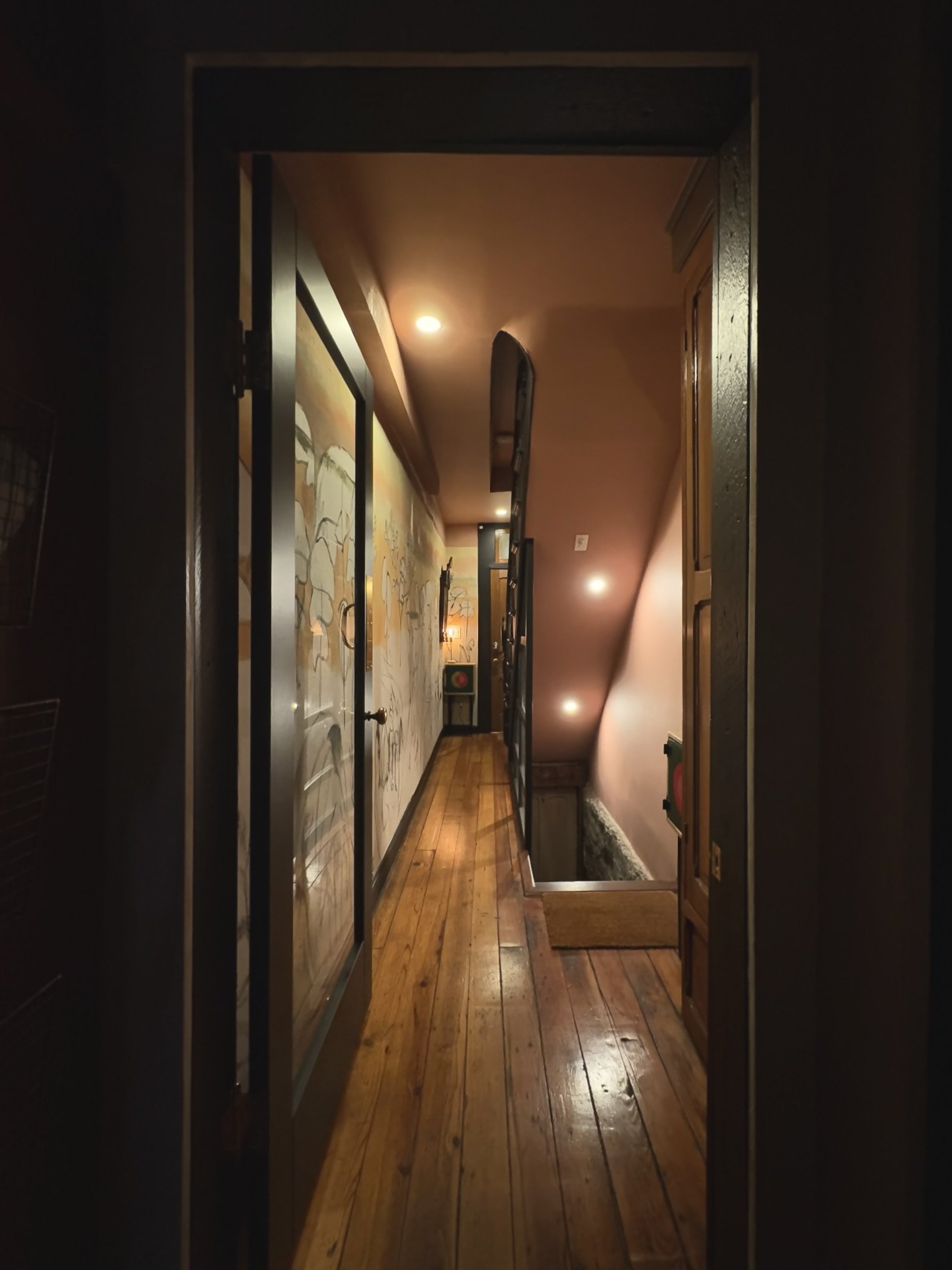 A narrow hallway with wooden floors, dim warm lighting, and artwork on the walls.