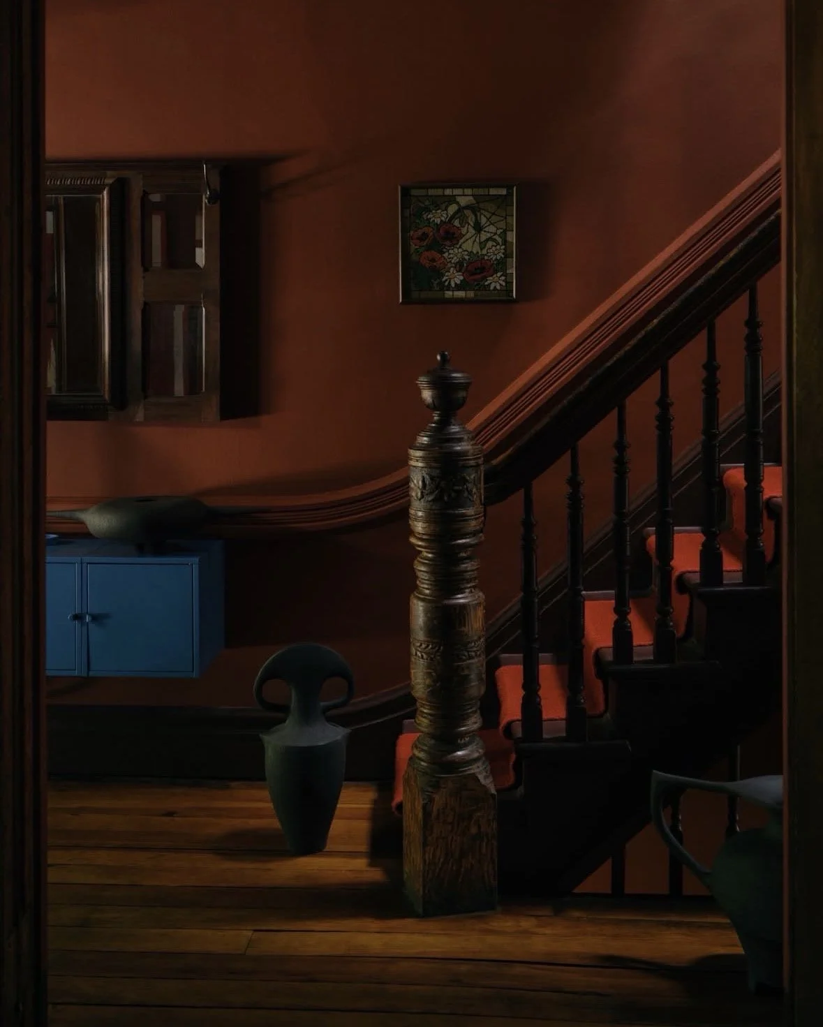 Interior view of a staircase with dark wood railing, orange carpeted steps, a decorative ceramic vase, and a dark blue cabinet against a reddish wall with a small framed artwork.