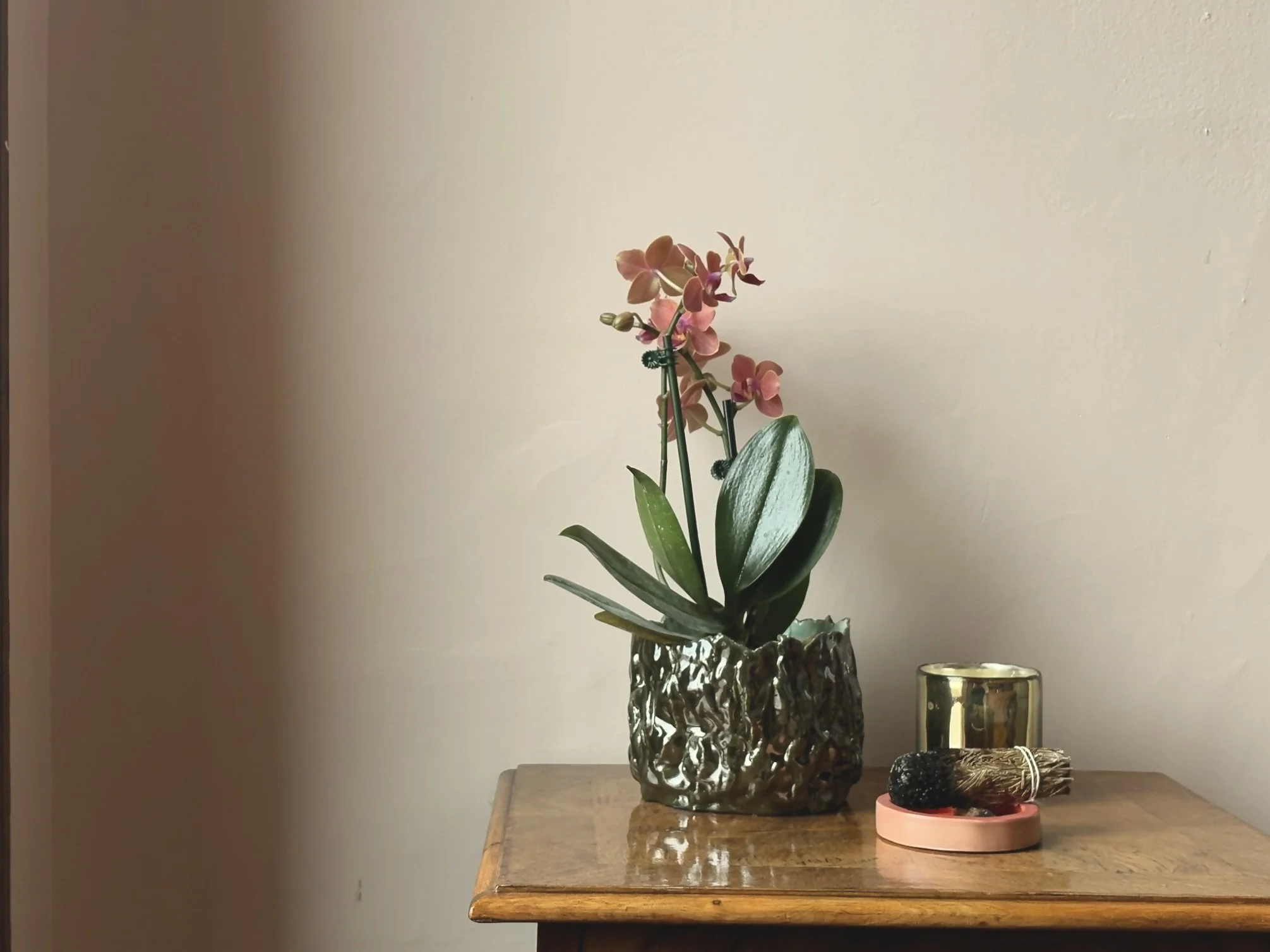 Pink orchid plant in a artistic textured ceramic pot on a wooden surface with a candle, a small dish, and incense.