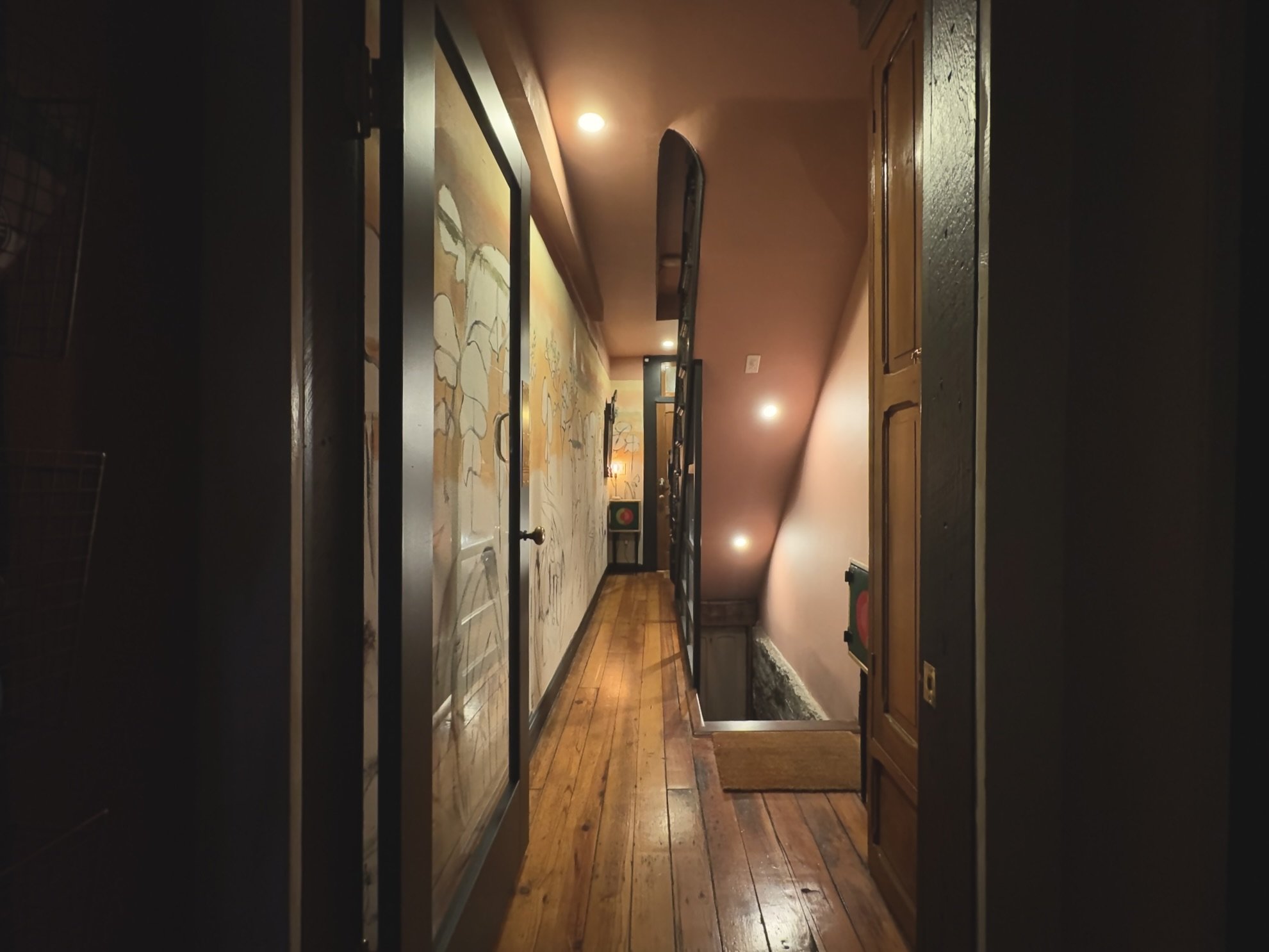 Narrow hallway with wood floors, decorated with floral wallpaper on left and a pink wall with small spotlights on right. There is a staircase opening on the right, leading downward, and a tall framed mirror leaning against the wall on the left.