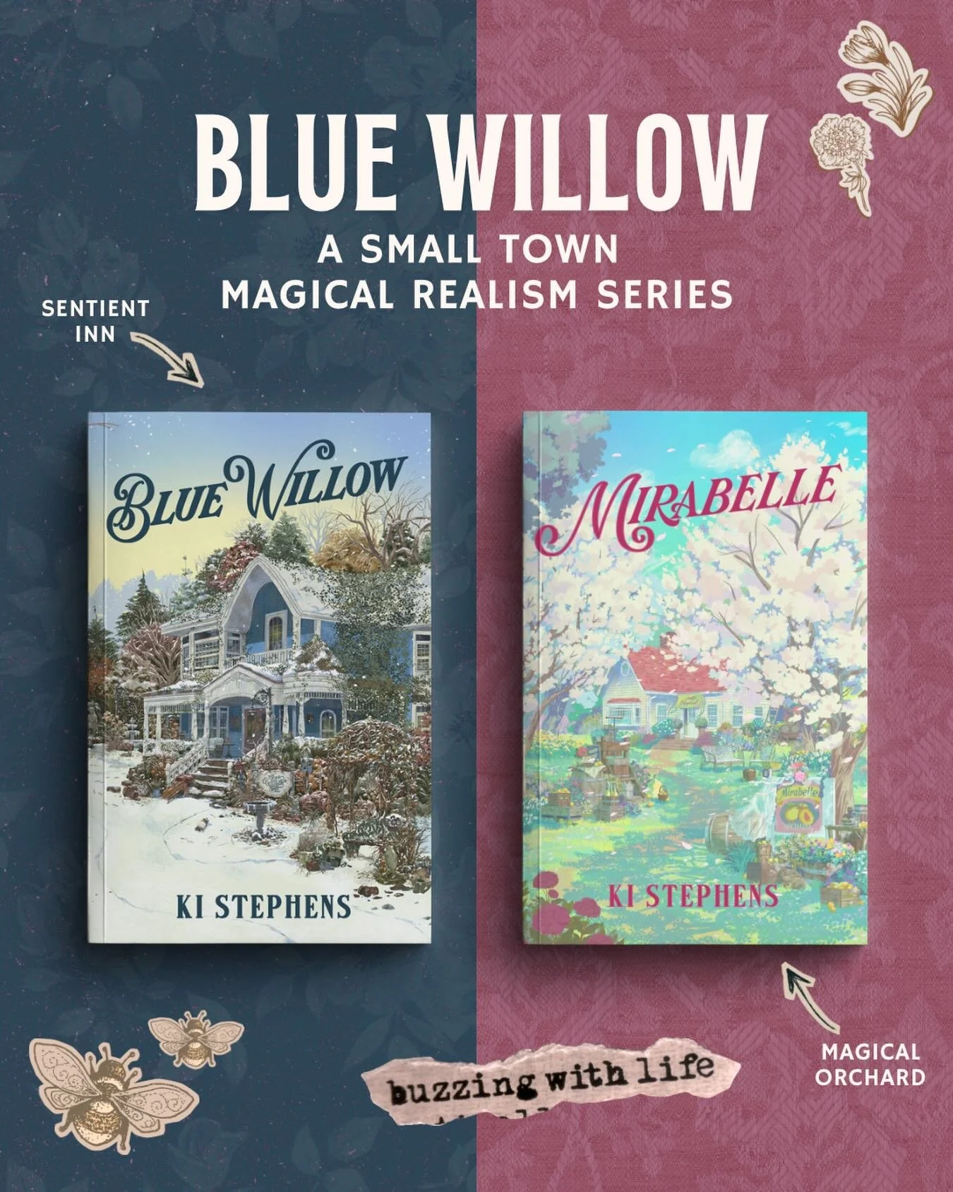 the most beautiful cover combination you ever did see 🌸🌨️🌸🌨️🌸

BLUE WILLOW is a small town magical realism romance about a woman who inherits a crumbling inn she no longer believes in and the man who refuses to let her walk away from it&mdash;or