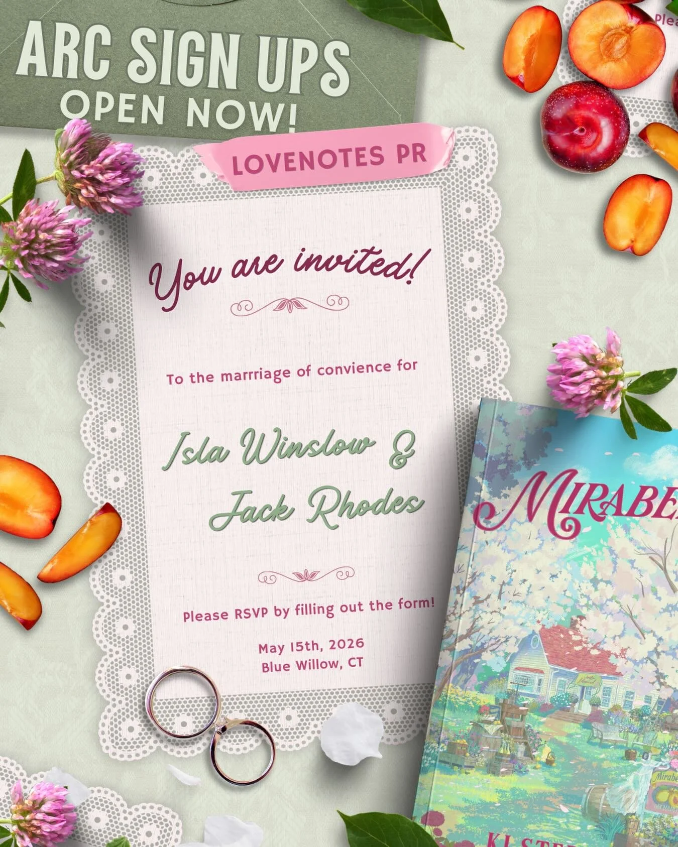 have you applied for an ARC @lovenotes.pr? 

RELEASE DATE: may 15

ARCs will be sent out approximately 2 weeks prior to release. 5 ARC readers will be chosen at random to recieve a SIGNED special edition copy of MIRABELLE!

MIRABELLE is a small town 