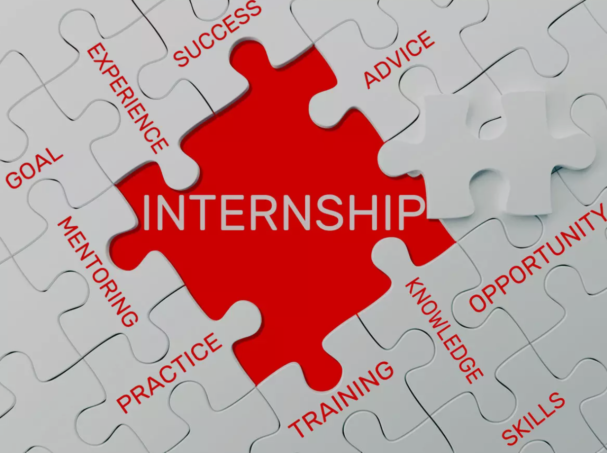 Puzzle with missing piece revealing "Internship" surrounded by words like "Experience," "Success," "Advice," "Opportunity," "Skills," "Knowledge," "Training," "Practice," "Mentoring," and "Goal."