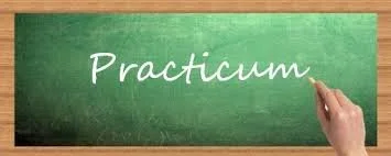 Hand writing 'Practicum' on a green chalkboard.