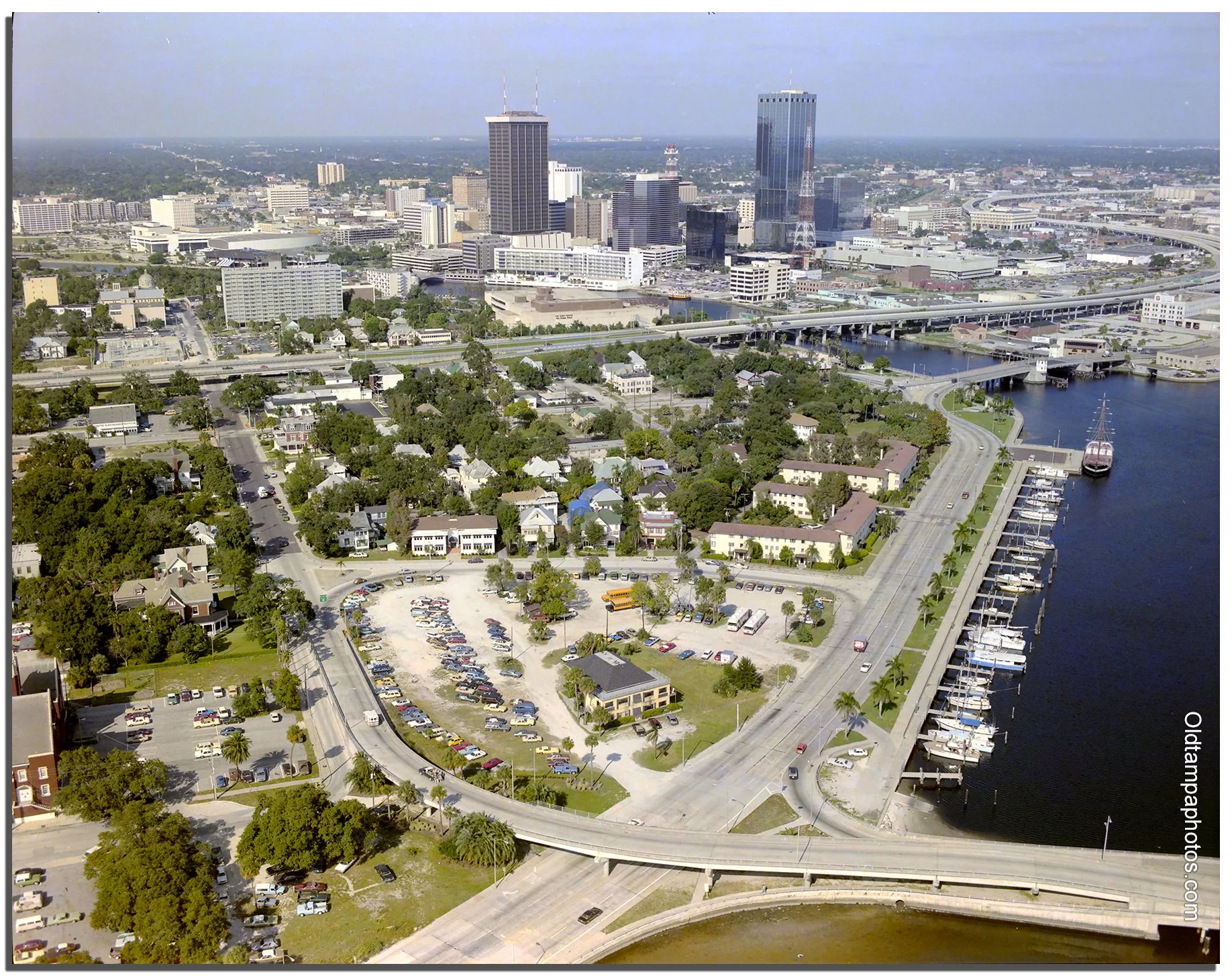 Historic comparison of DeLeon Street and Bayshore Boulevard in Tampa, showing the former mansions and today's 345 Bayshore condominium tower near the Davis Islands Bridge.
