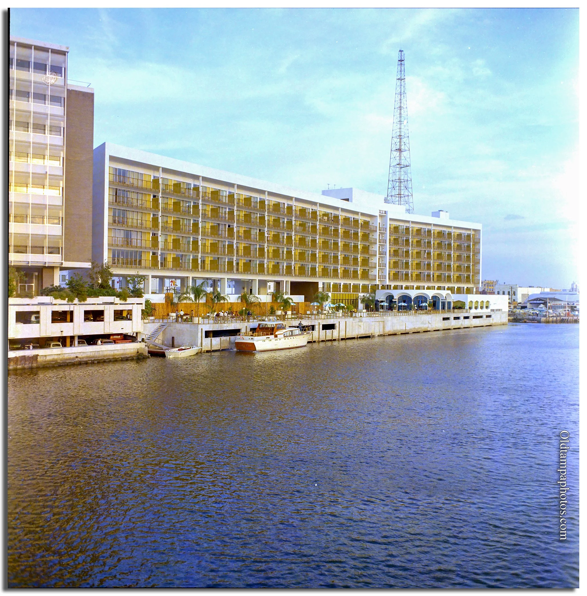 Historic Manger Motor Inn overlooking the Hillsborough River in downtown Tampa shortly after opening in 1968.