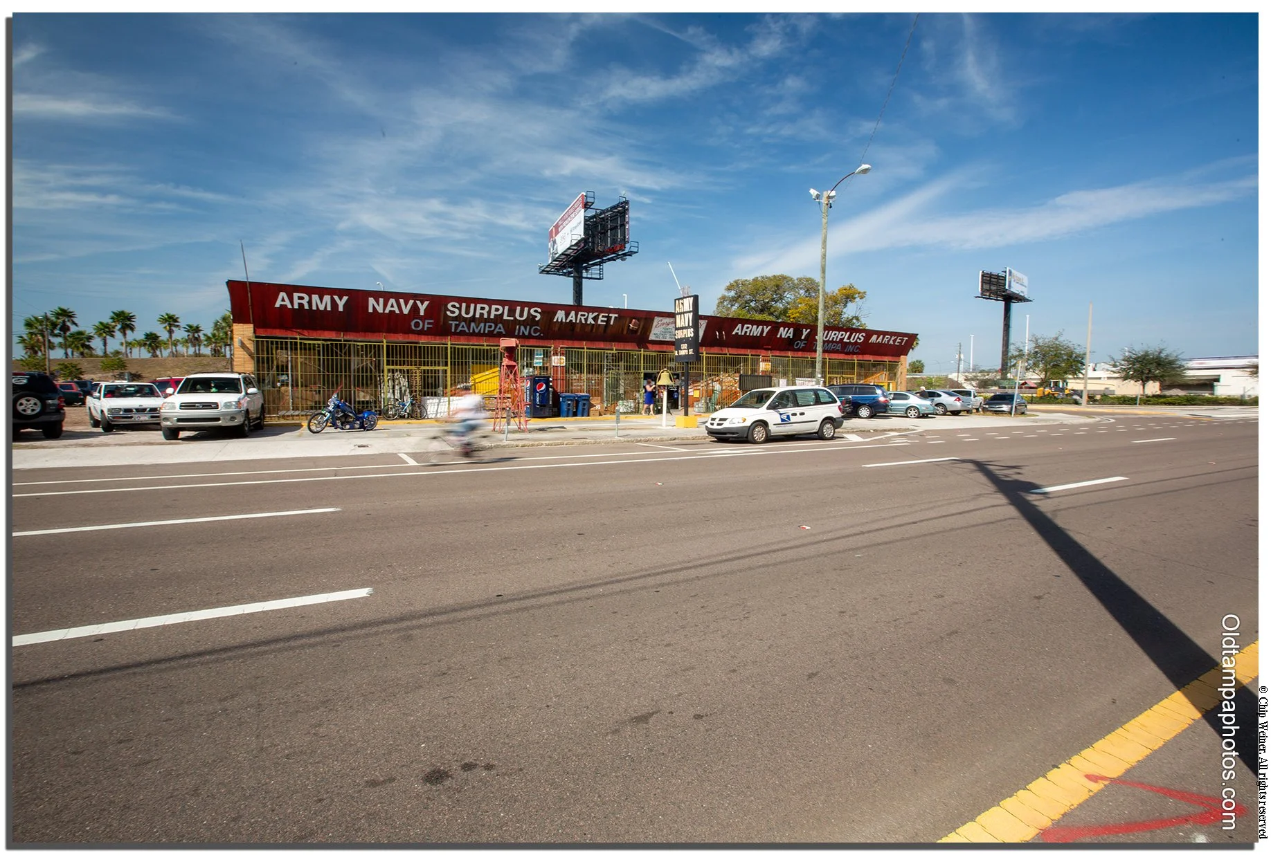 Tampa Army-Navy Surplus store Tampa exterior with bomb display and siren tower