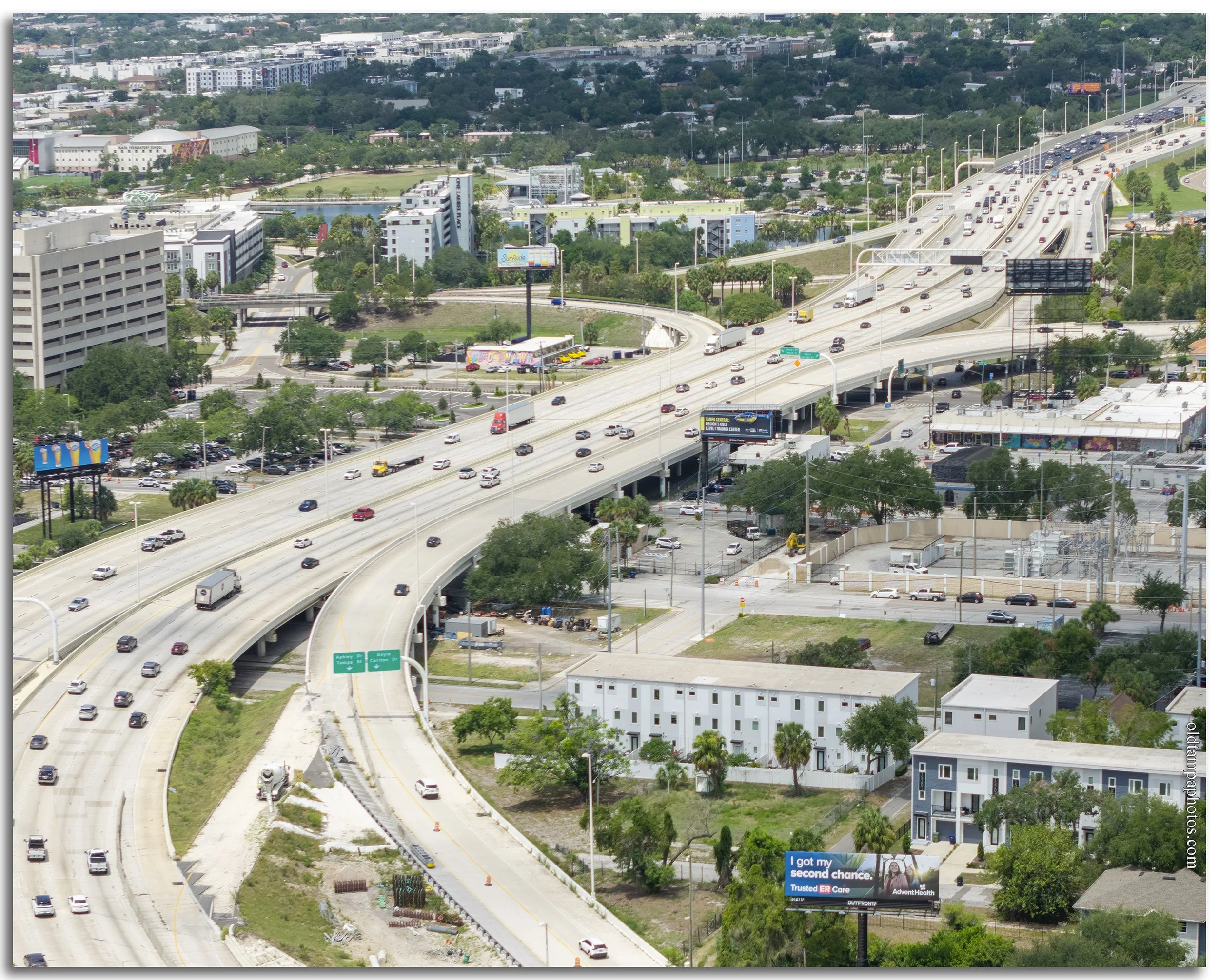 Historic construction of Interstate 275 through downtown Tampa during the early 1960s showing the transformation of Ybor City, Central Avenue, and the developing interstate highway system.
