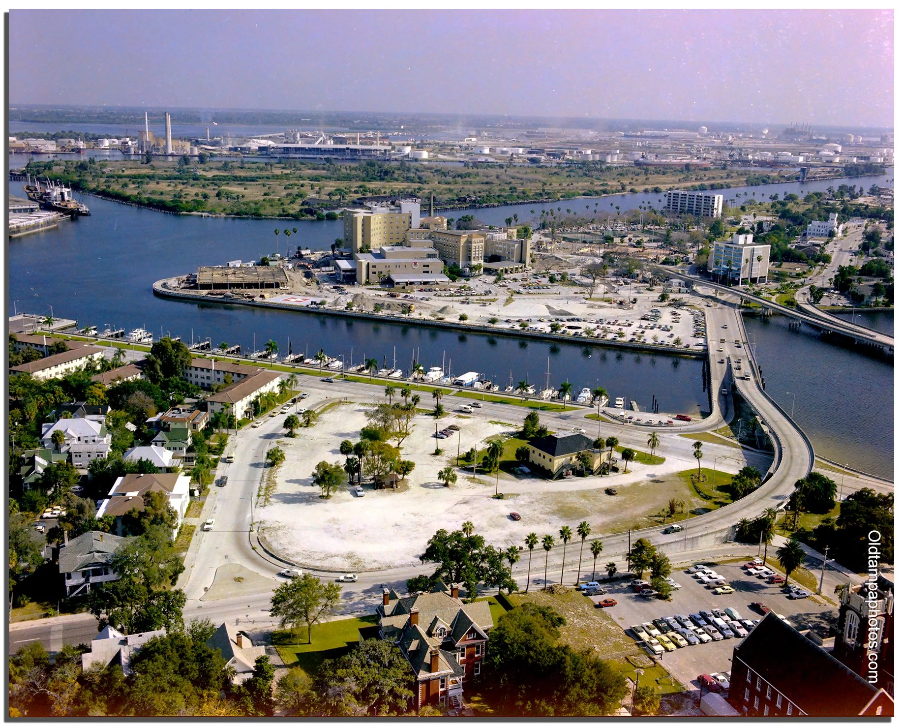 Historic comparison of DeLeon Street and Bayshore Boulevard in Tampa, showing the former mansions and today's 345 Bayshore condominium tower near the Davis Islands Bridge.