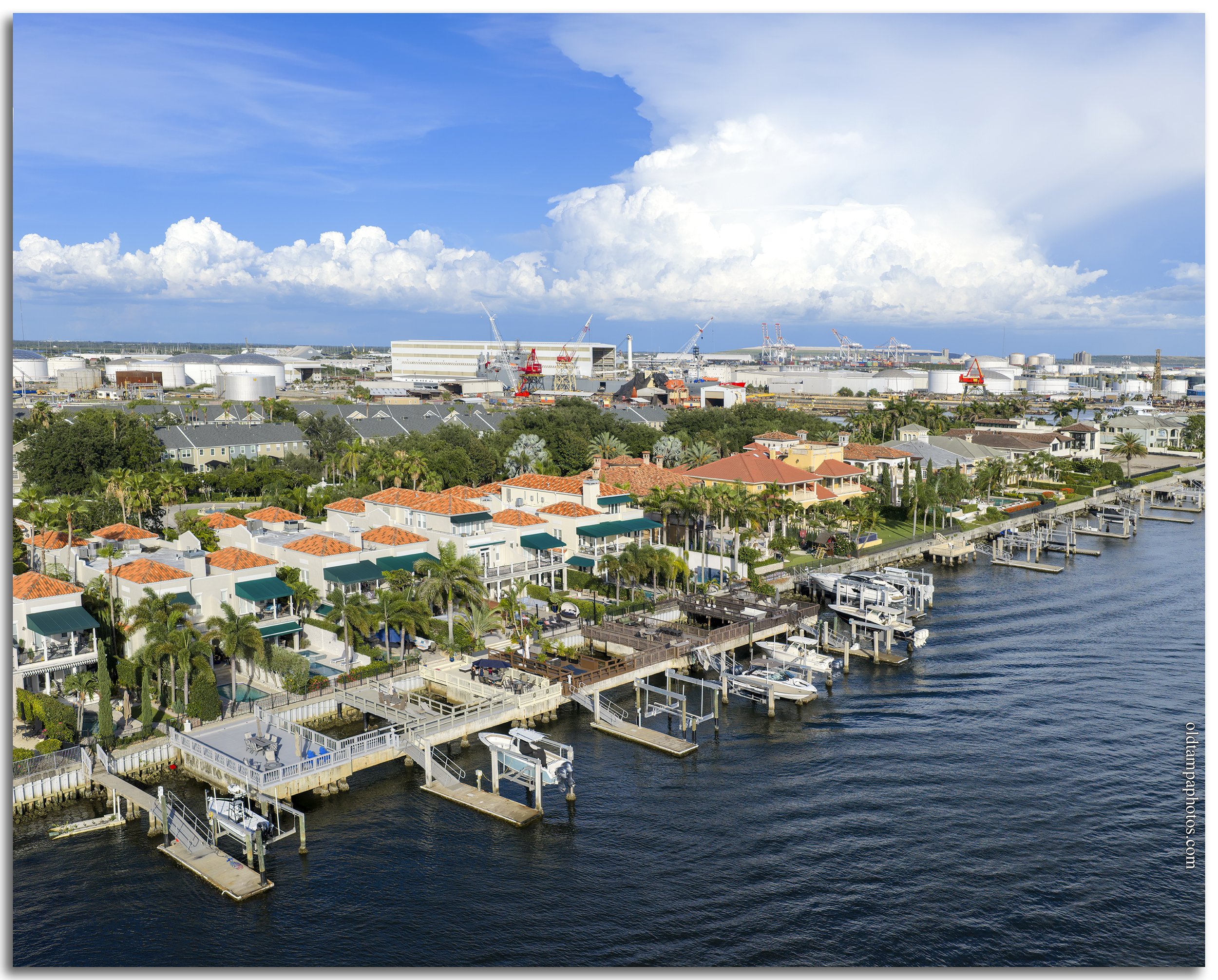 Aerial photograph of Harbor Island looking south in 2026, showcasing Tampa's waterfront skyline, residential towers, marinas, and the transformation of the former Seddon Island industrial port.