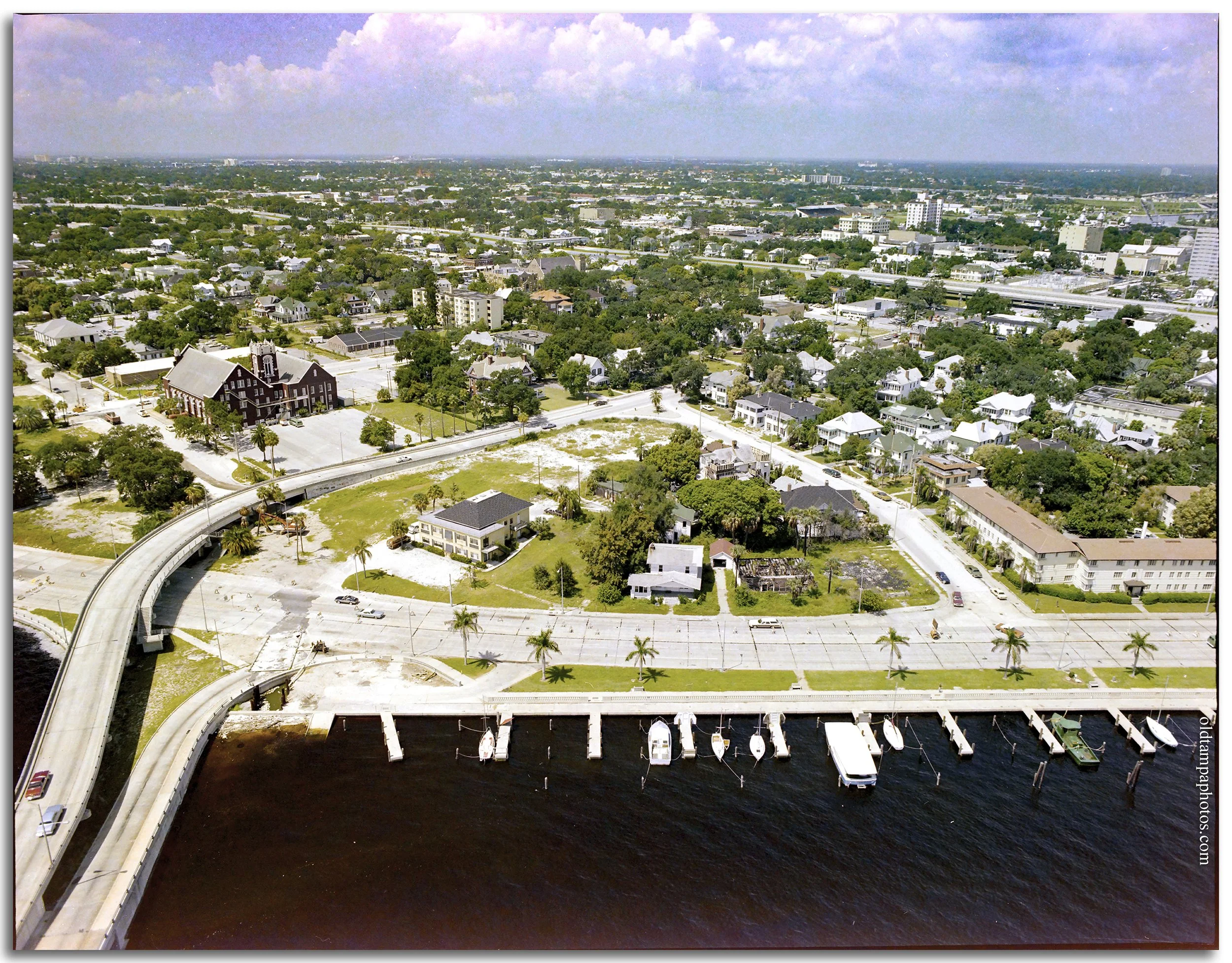 Historic comparison of DeLeon Street and Bayshore Boulevard in Tampa, showing the former mansions and today's 345 Bayshore condominium tower near the Davis Islands Bridge.