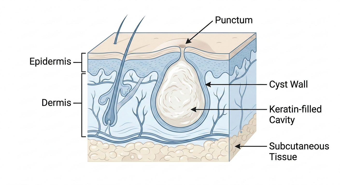 Epidermal inclusion cyst cross-section diagram showing cyst wall and keratin core treated by dermatologist in Chattanooga TN