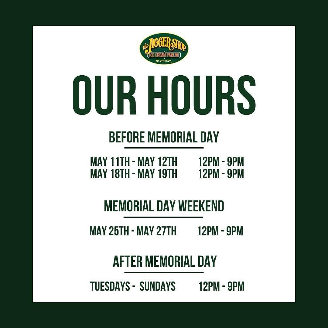 For those looking to visit the Jigger Shop this month, here is a quick peek of our operating hours before, during, and after Memorial Day weekend! We&rsquo;ll see you soon!