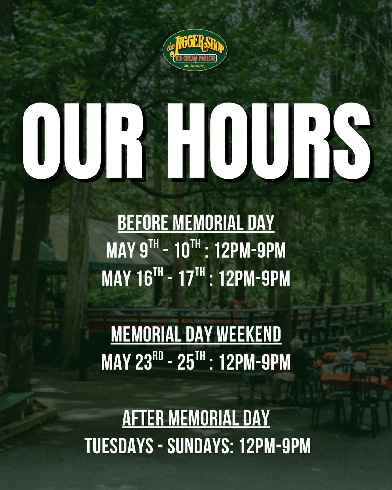 Take a look at our hours for the start of the 2026 season!

Before Memorial Day:
May 9th-10th: 12pm-9pm
May 16th-17th: 12pm-9pm

Memorial Day Weekend:
May 23rd-25th: 12pm-9pm

After Memorial Day:
Mondays: CLOSED
Tuesdays-Sundays: 12pm-9pm

We are ver