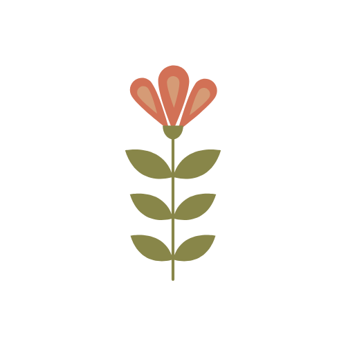 A simple illustration of a flower with pink petals and green leaves.