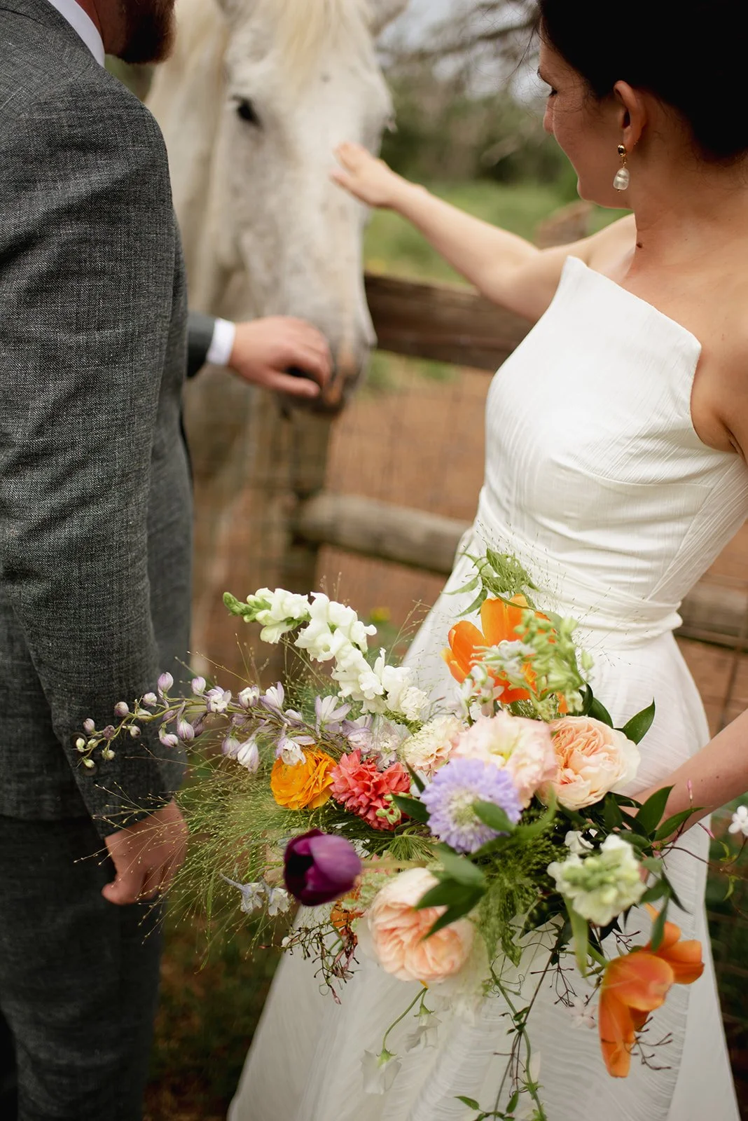 a bride and groom petting a horse holding a wedding bouquet