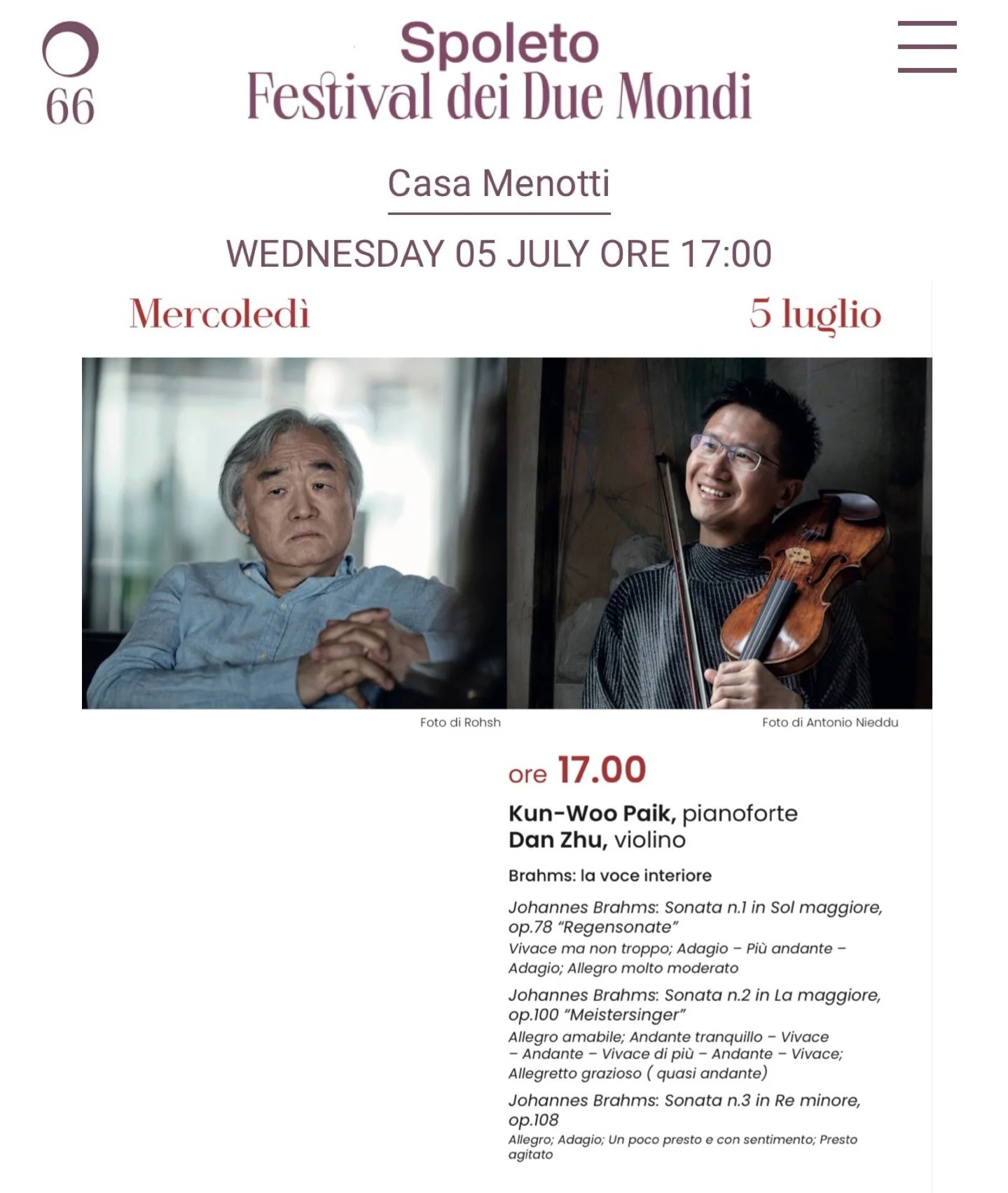 “Brahms: the Inner Voice” Recital at Spoleto Festival