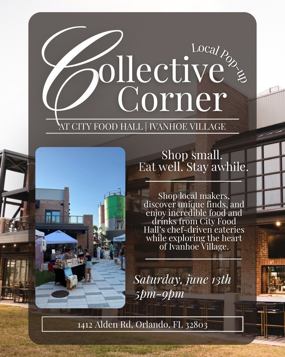 Join the Collective @cityfoodhallorlando THIS SATURDAY for an evening on the yard✨

Enjoy a curated mix of local vendors, good food, and even better vibes! Shop small, eat well, and stay awhile.

June 13th | 5&ndash;9PM | in @ivanhoevillage 
📍1412 A